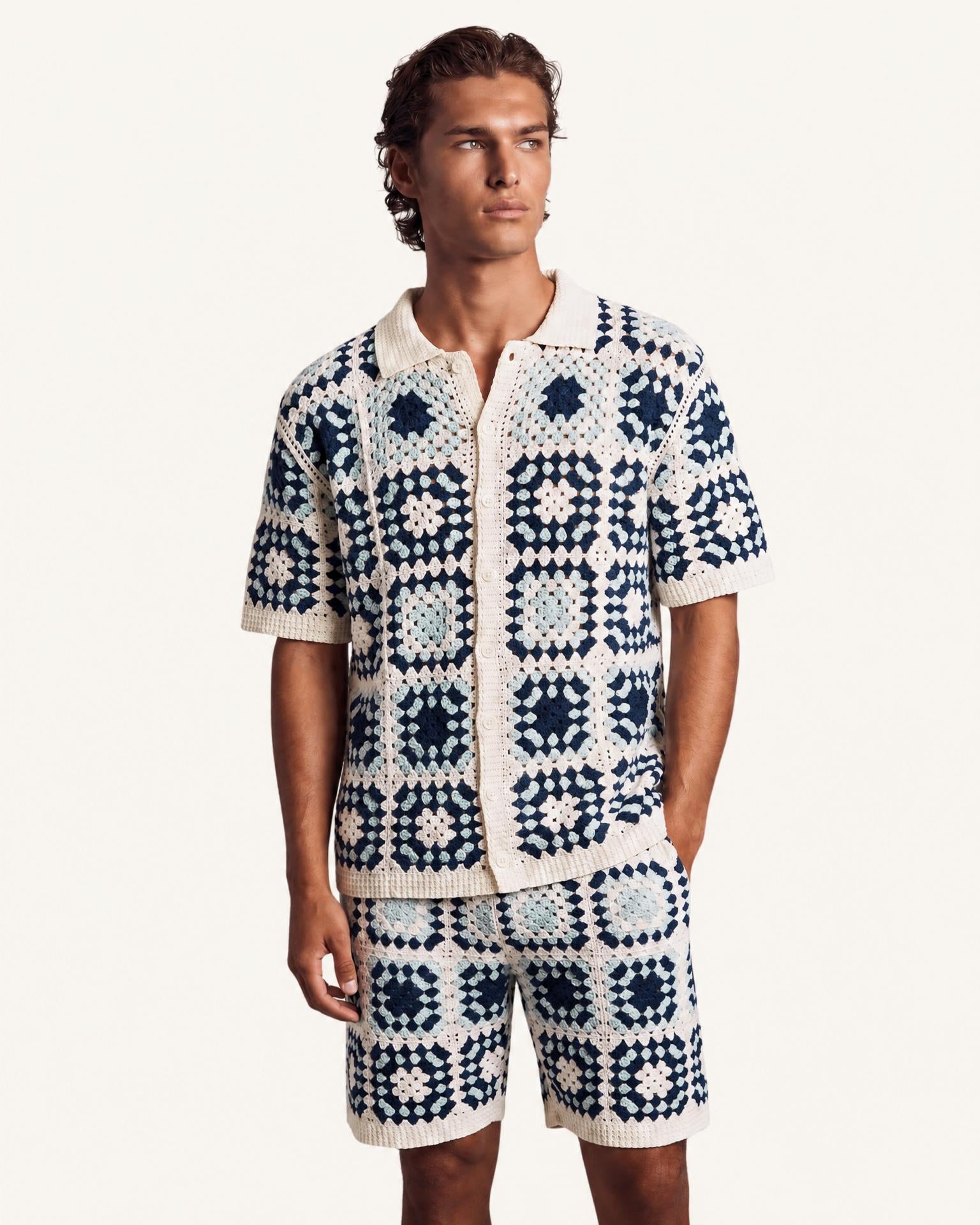 Navy Granny-Square Crochet Shirt & Short Set