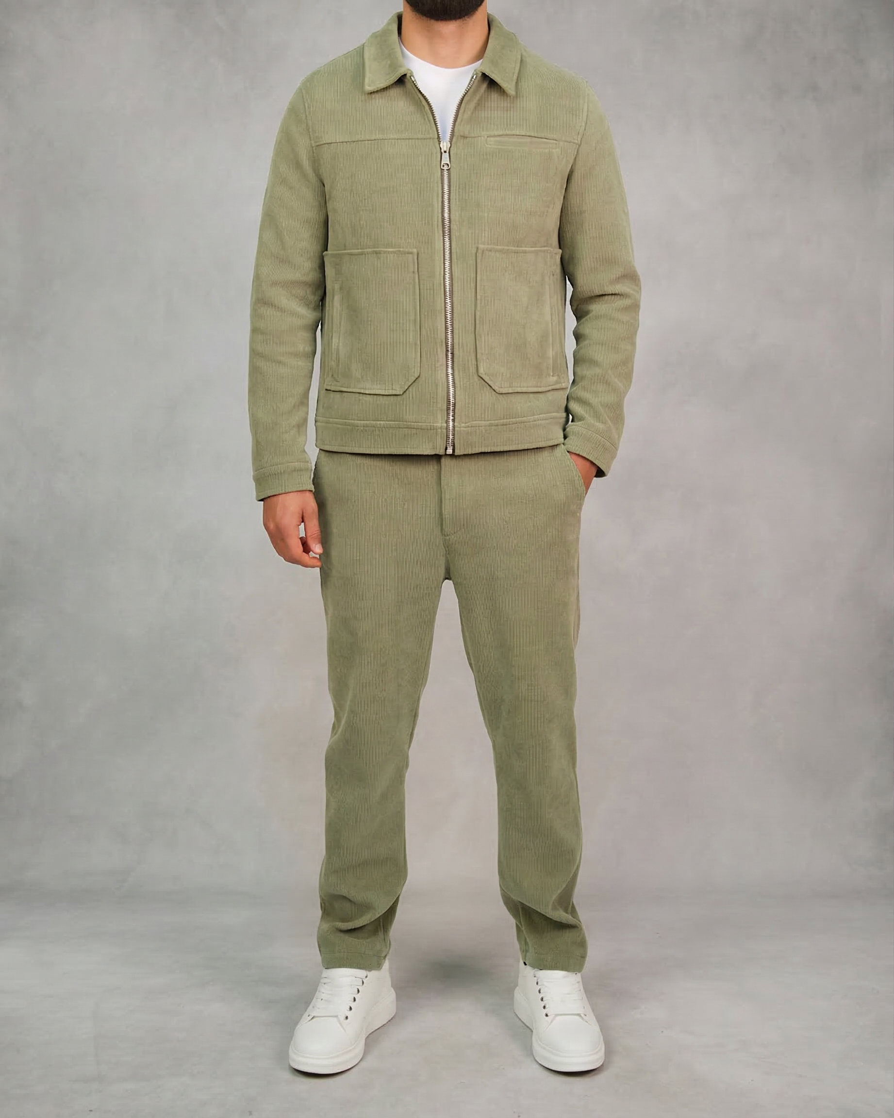 Green Corduroy Zip Jacket & Trousers Set
