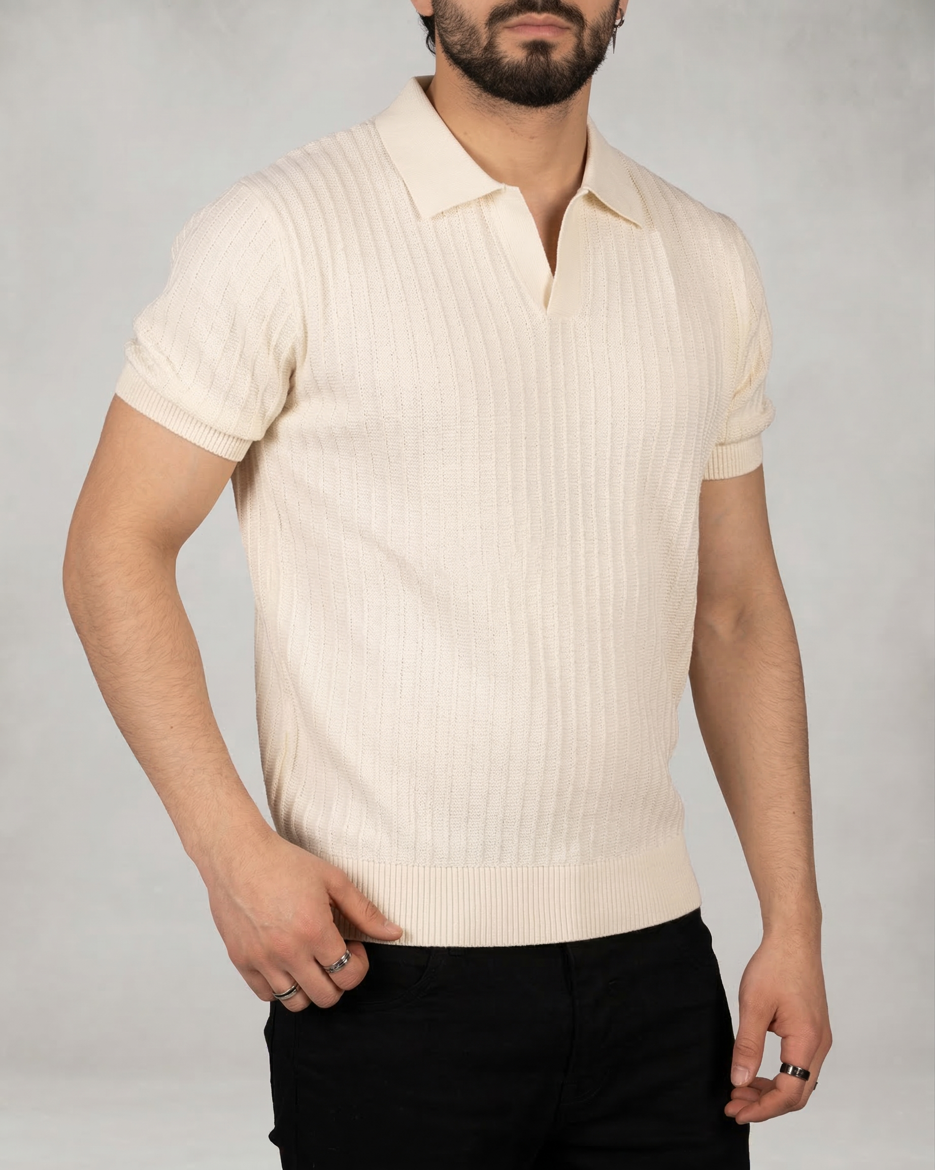 Open Collared Ribbed Polo Shirt