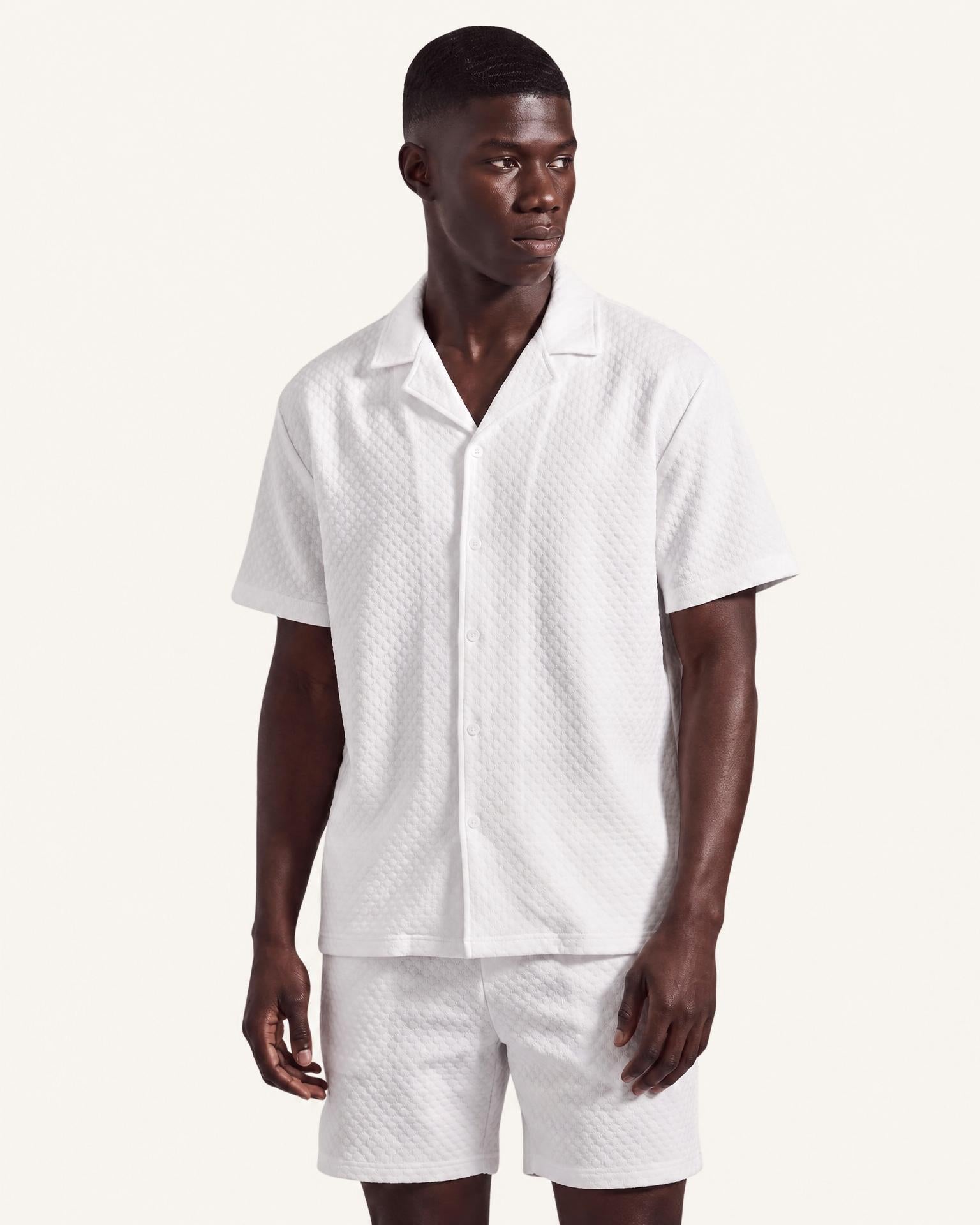 White Waffle Camp-Collar Shirt & Short Set