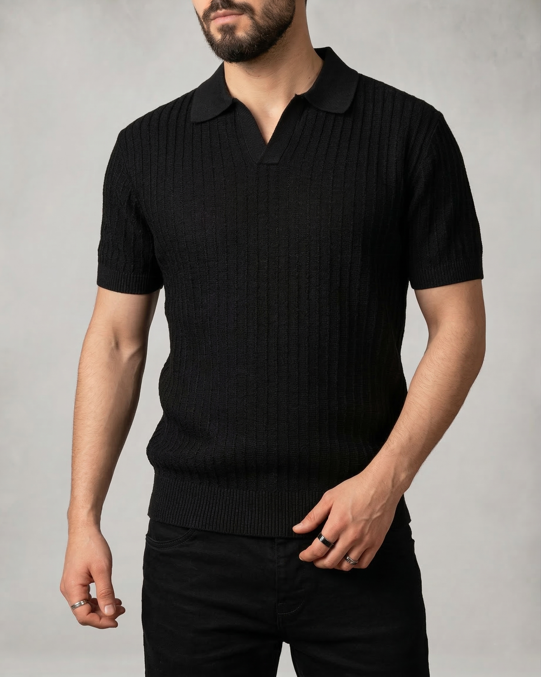 Open Collared Ribbed Polo Shirt