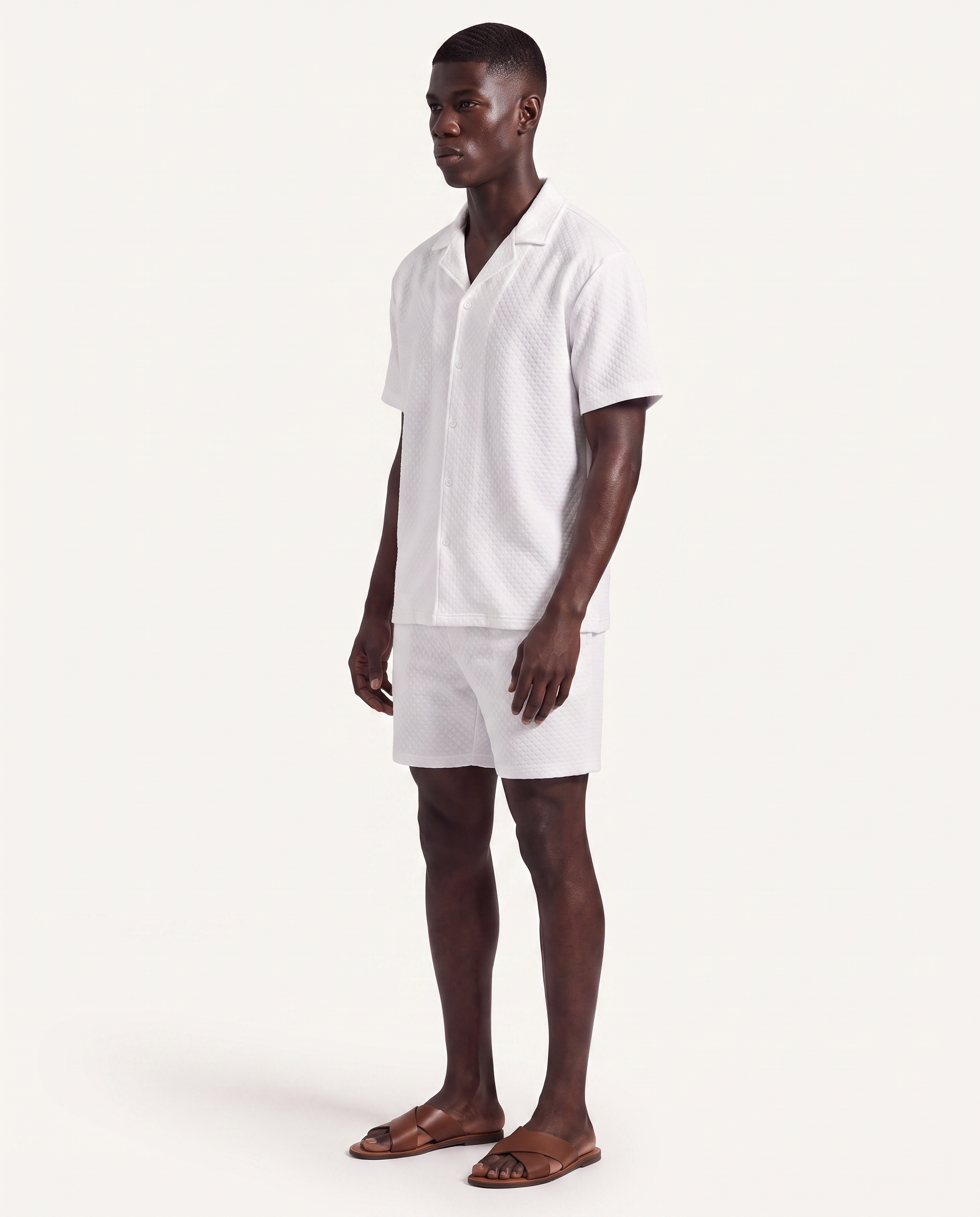 White Waffle Camp-Collar Shirt & Short Set