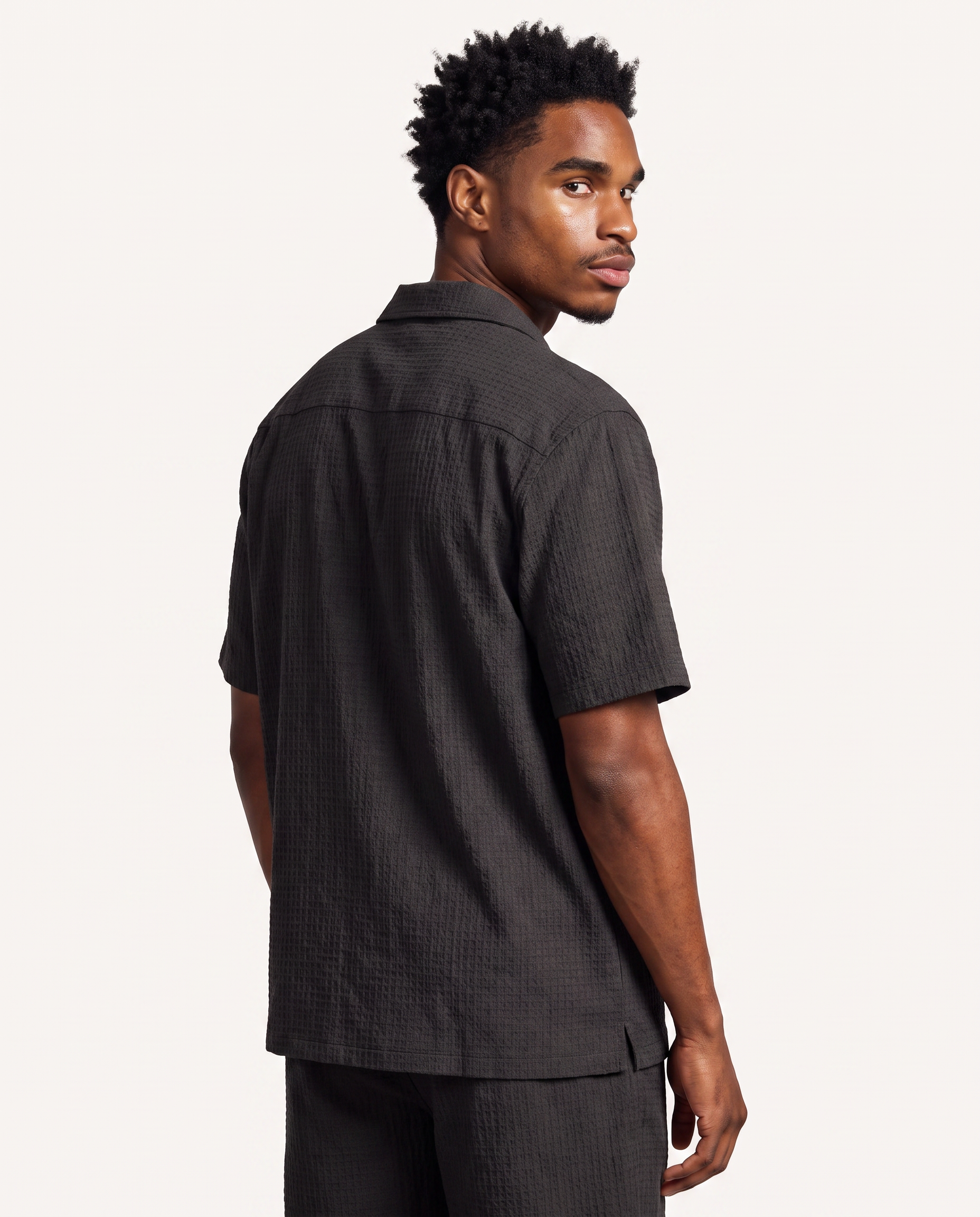 Black Waffle Camp-Collar Shirt & Short Set