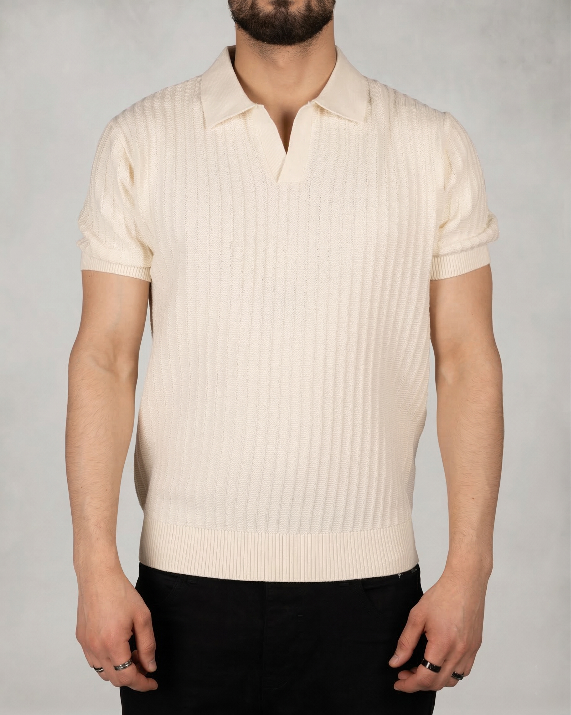 Open Collared Ribbed Polo Shirt