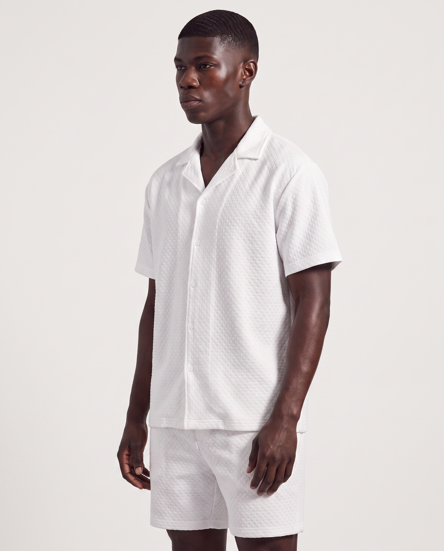 White Waffle Camp-Collar Shirt & Short Set