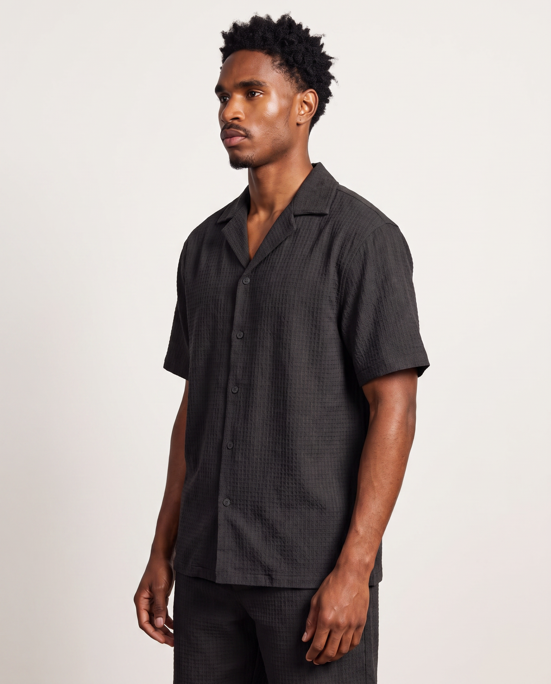 Black Waffle Camp-Collar Shirt & Short Set