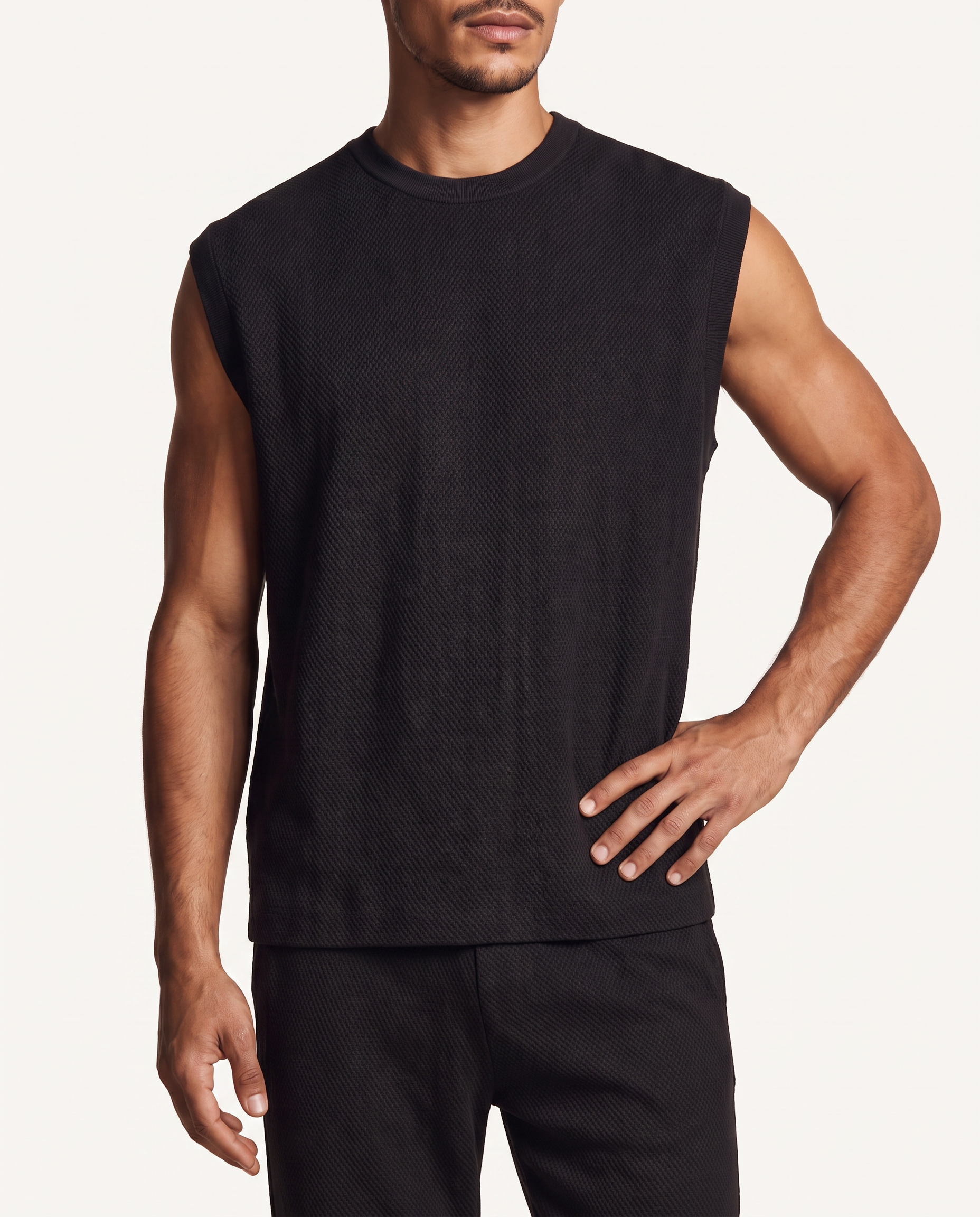 Black Textured-Knit Vest & Trouser Set