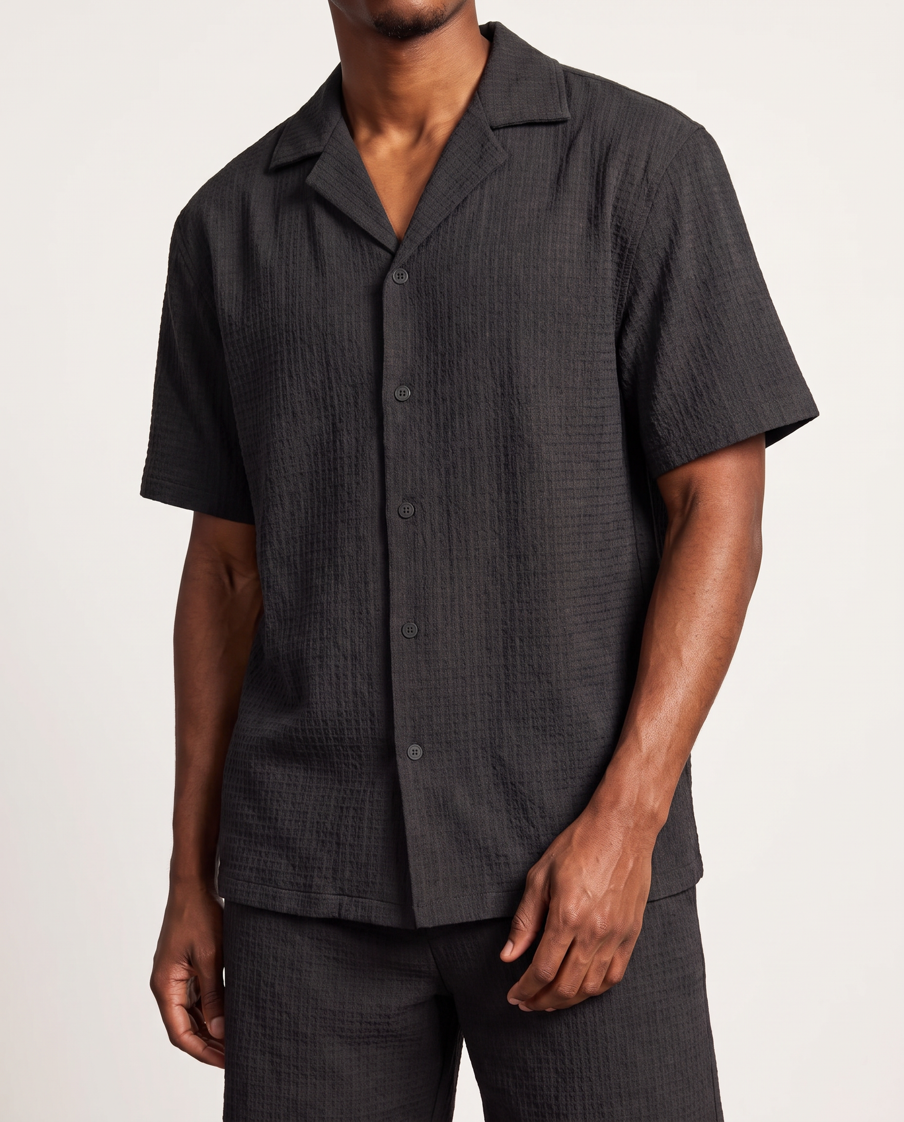 Black Waffle Camp-Collar Shirt & Short Set