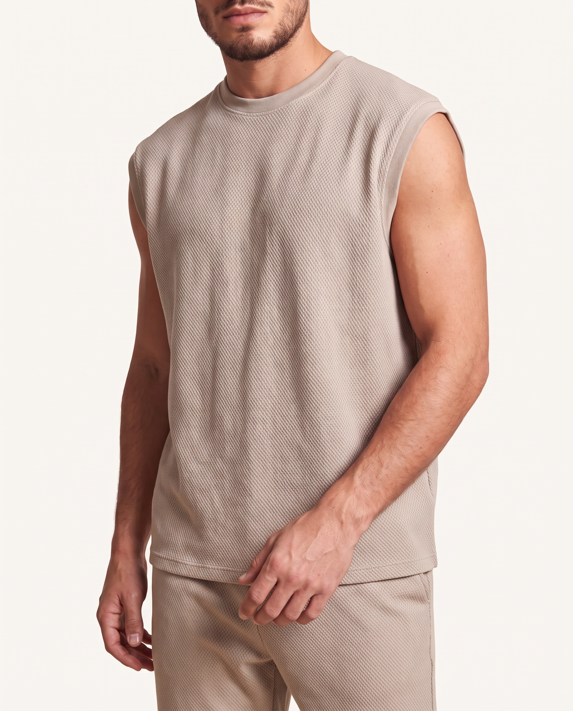 Beige Textured-Knit Vest & Trouser Set