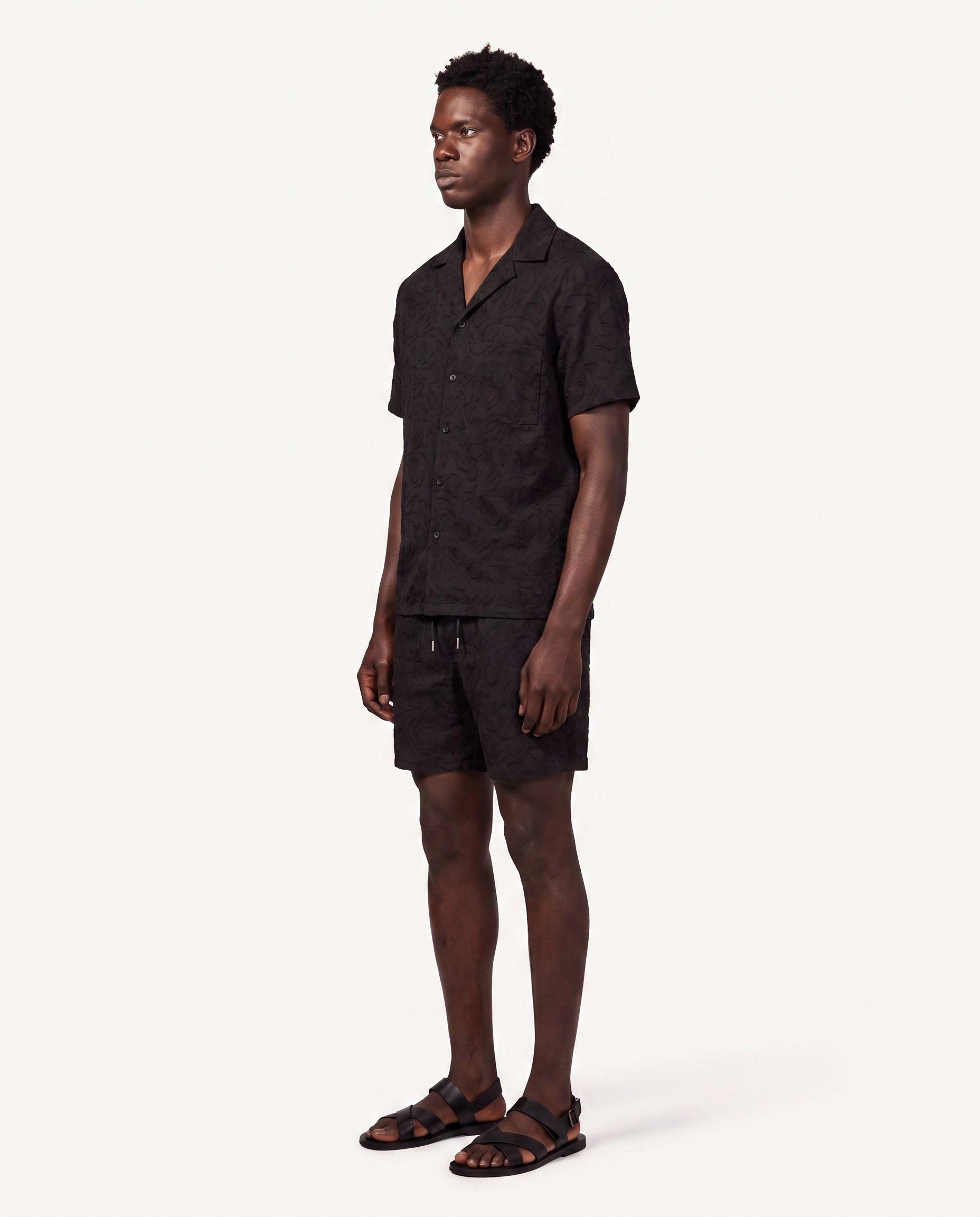 Black Tonal Jacquard Camp Shirt & Short Set