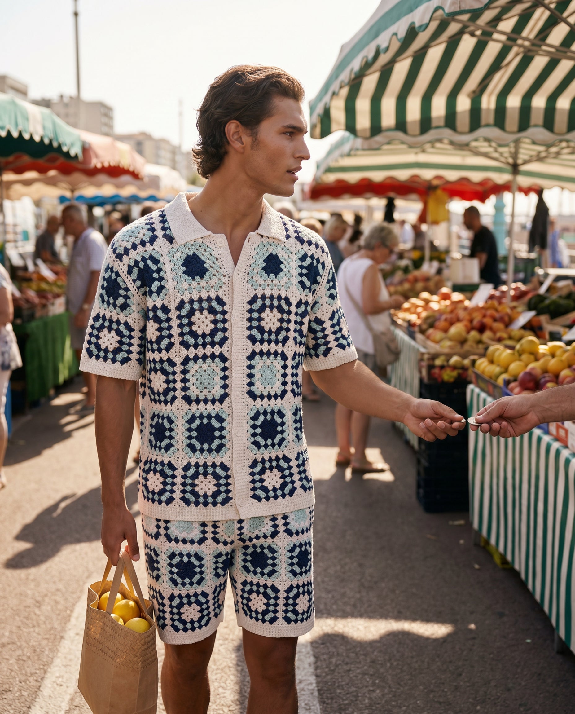 Navy Granny-Square Crochet Shirt & Short Set