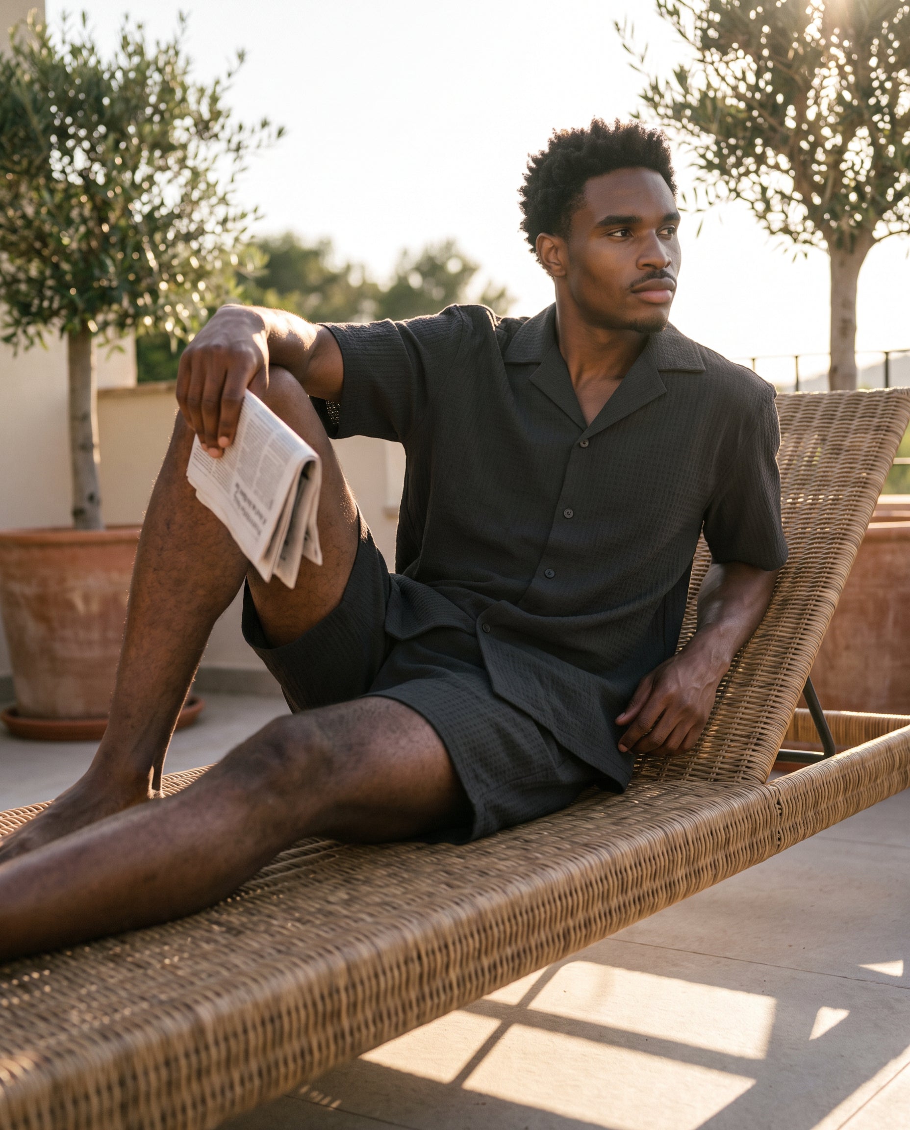 Black Waffle Camp-Collar Shirt & Short Set