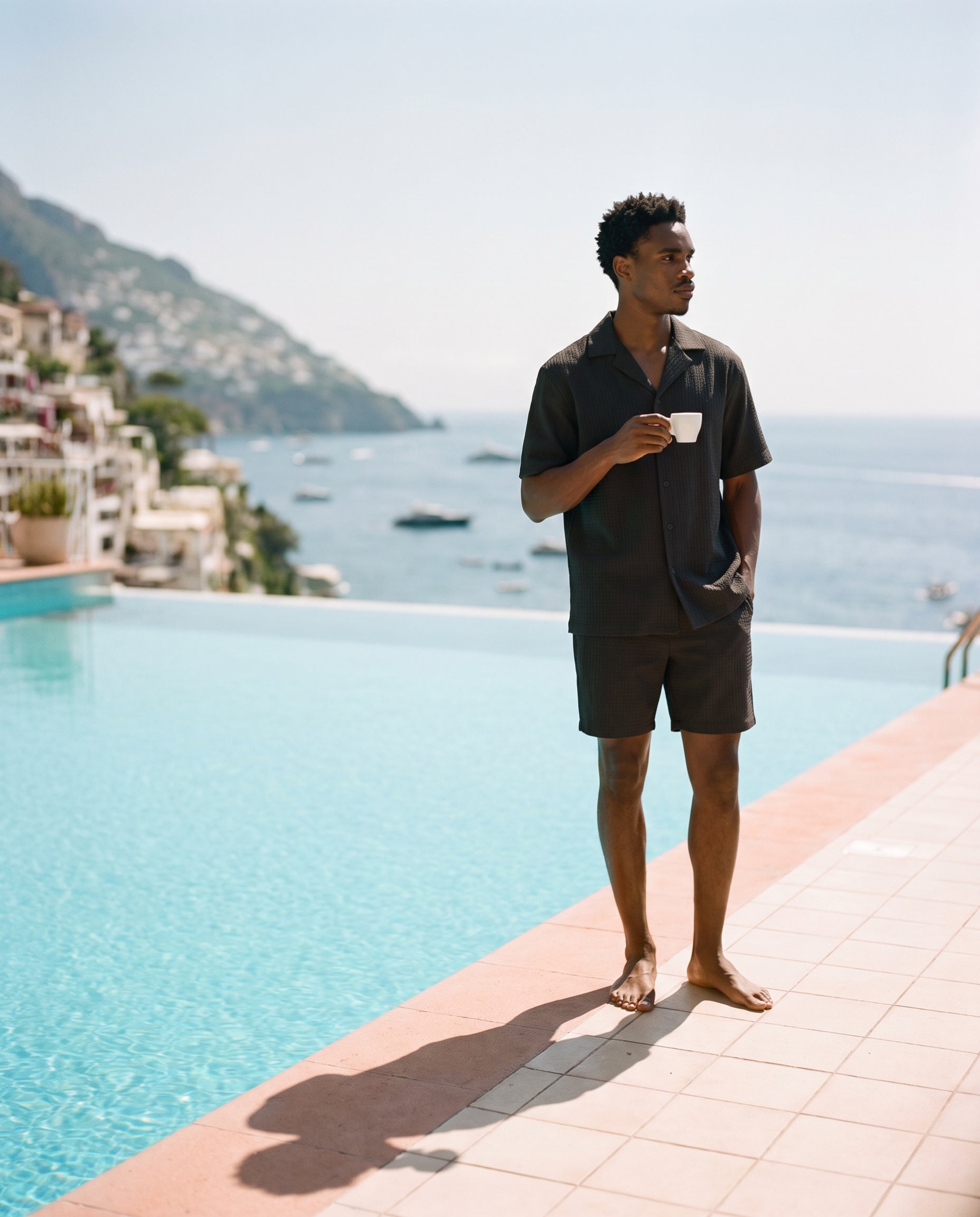 Black Waffle Camp-Collar Shirt & Short Set