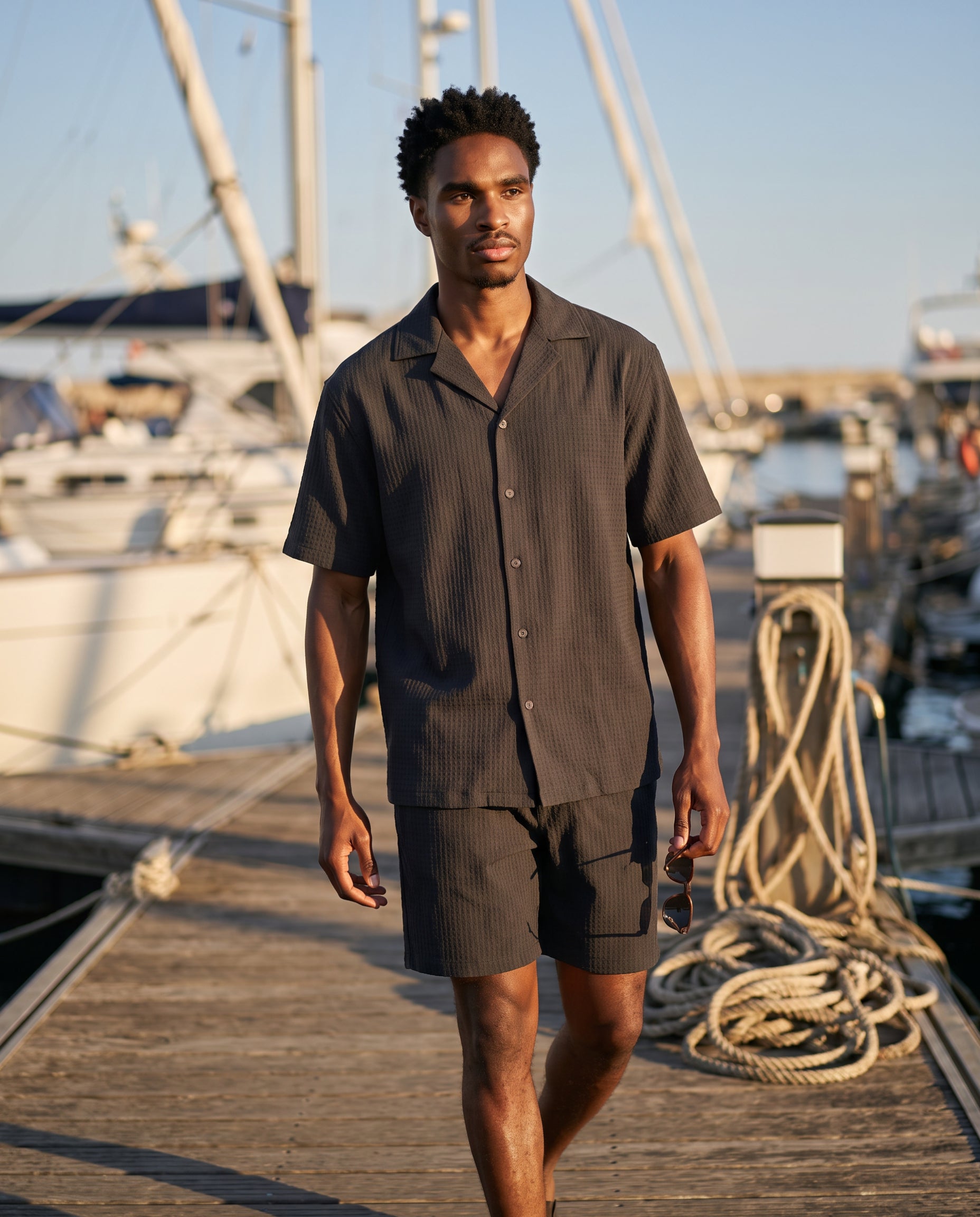 Black Waffle Camp-Collar Shirt & Short Set