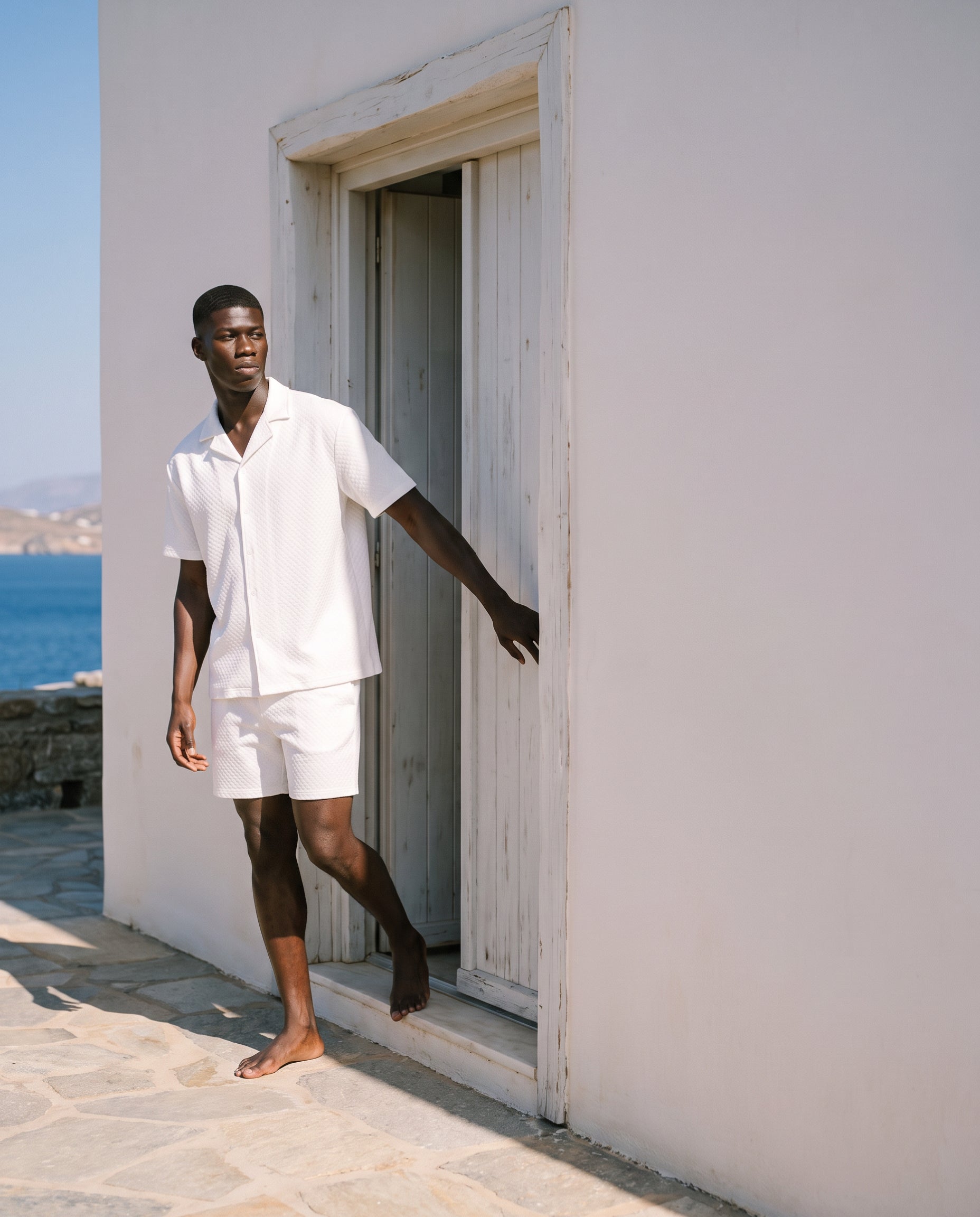 White Waffle Camp-Collar Shirt & Short Set