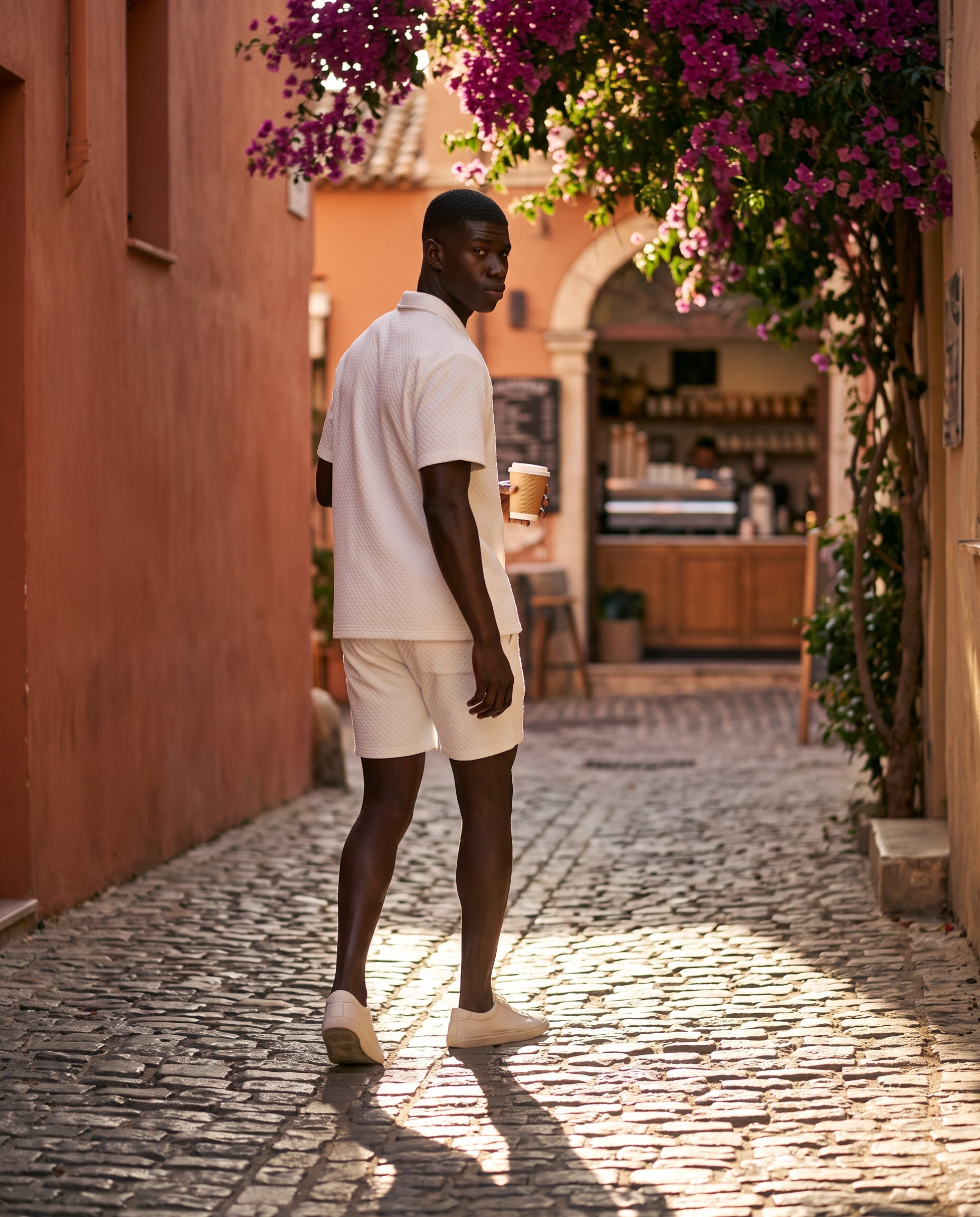 White Waffle Camp-Collar Shirt & Short Set