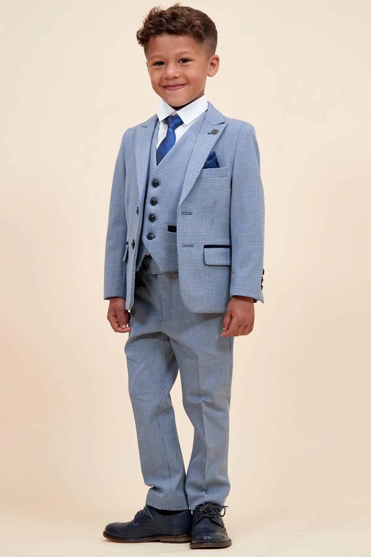 Bromley - Children's Sky Blue Check Print Three Piece Suit