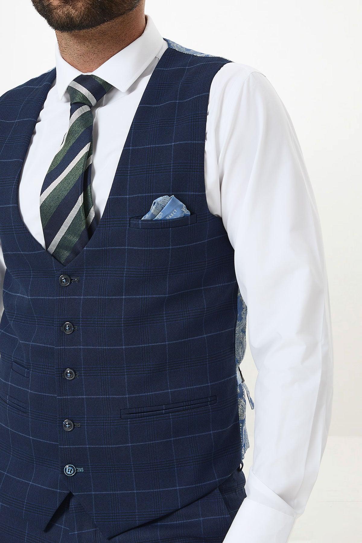 Edinson - Navy Sky Check Single Breasted Waistcoat