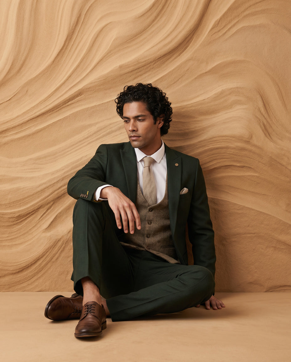 BROMLEY - Olive Green Check Suit With Kris Tan Tweed Waistcoat