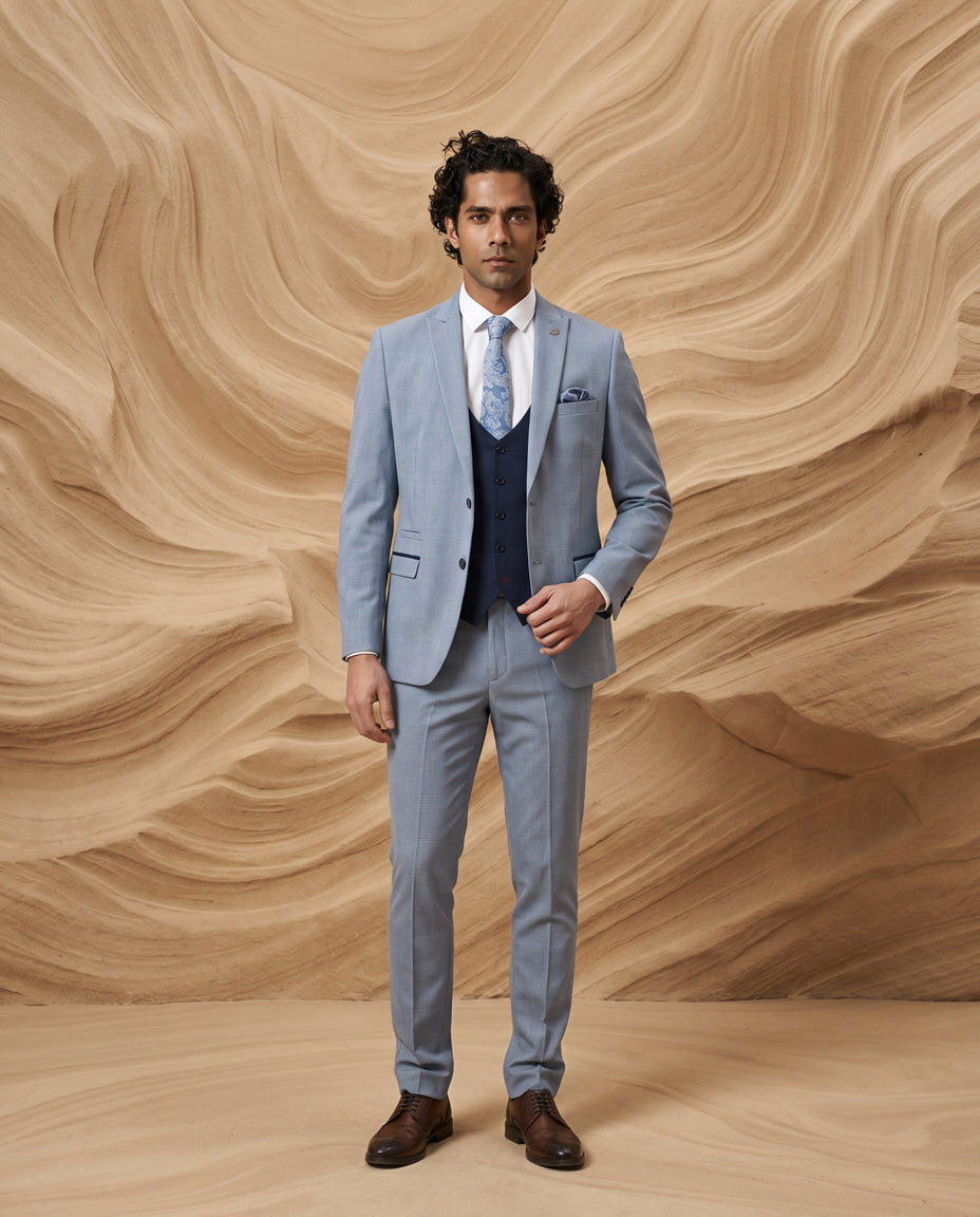 BROMLEY - Sky Check Suit with Kelvin Navy Waistcoat