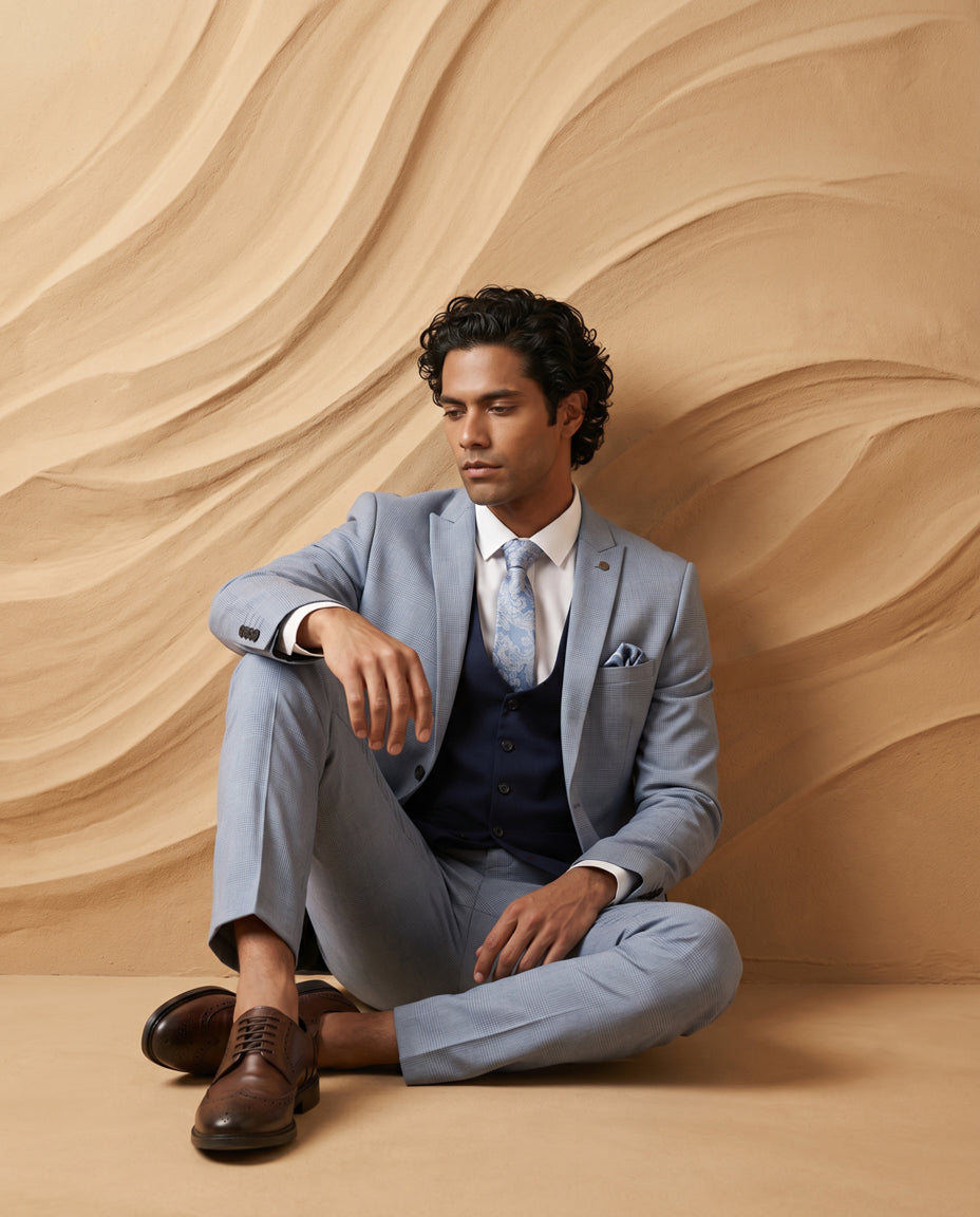 BROMLEY - Sky Check Suit with Kelvin Navy Waistcoat