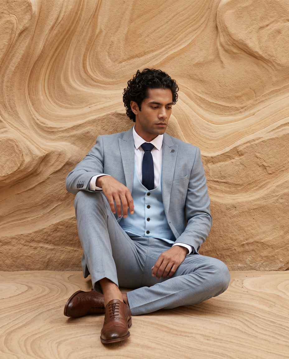 BROMLEY - Sky Check Suit with Kelvin Sky Waistcoat