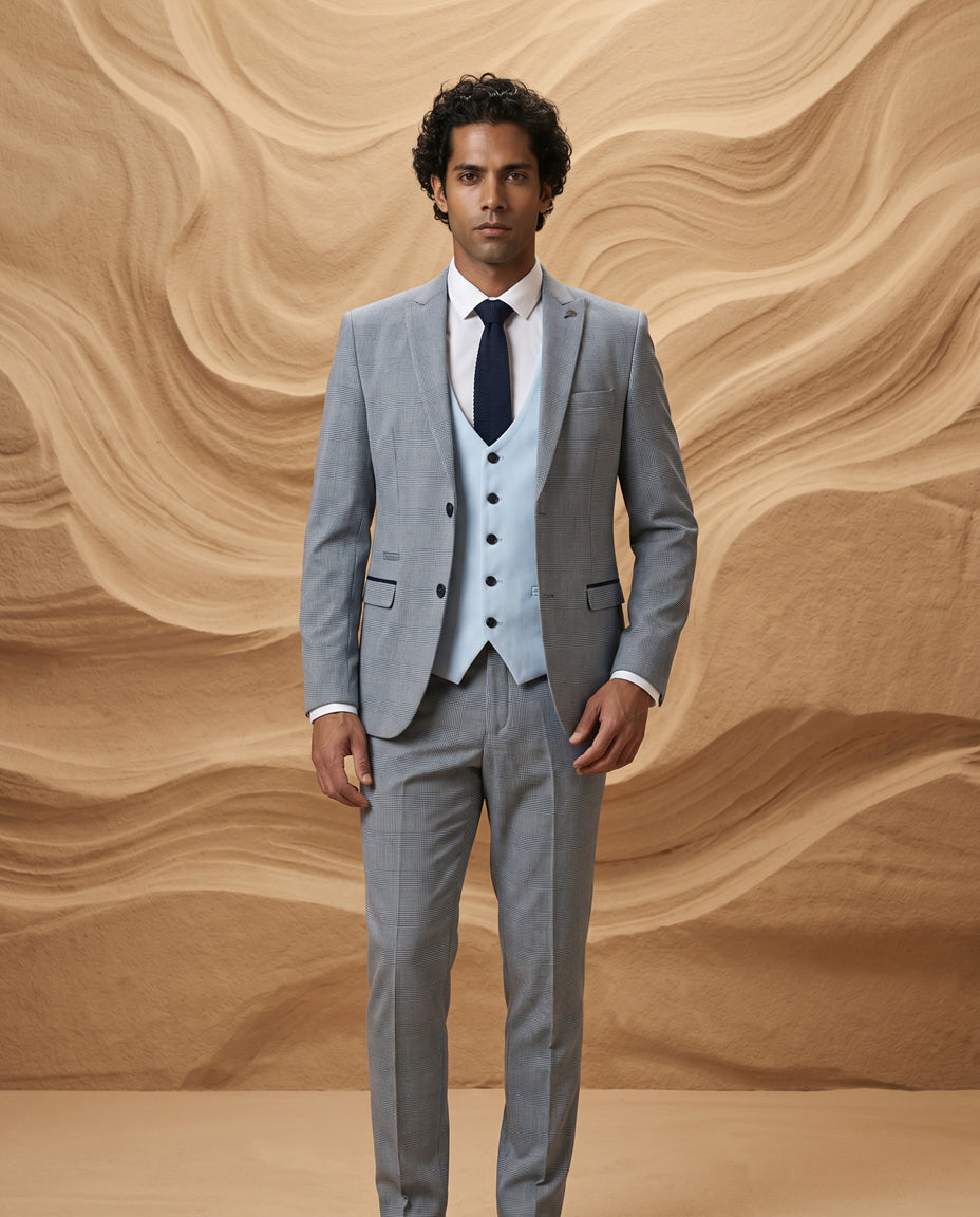 BROMLEY - Sky Check Suit with Kelvin Sky Waistcoat