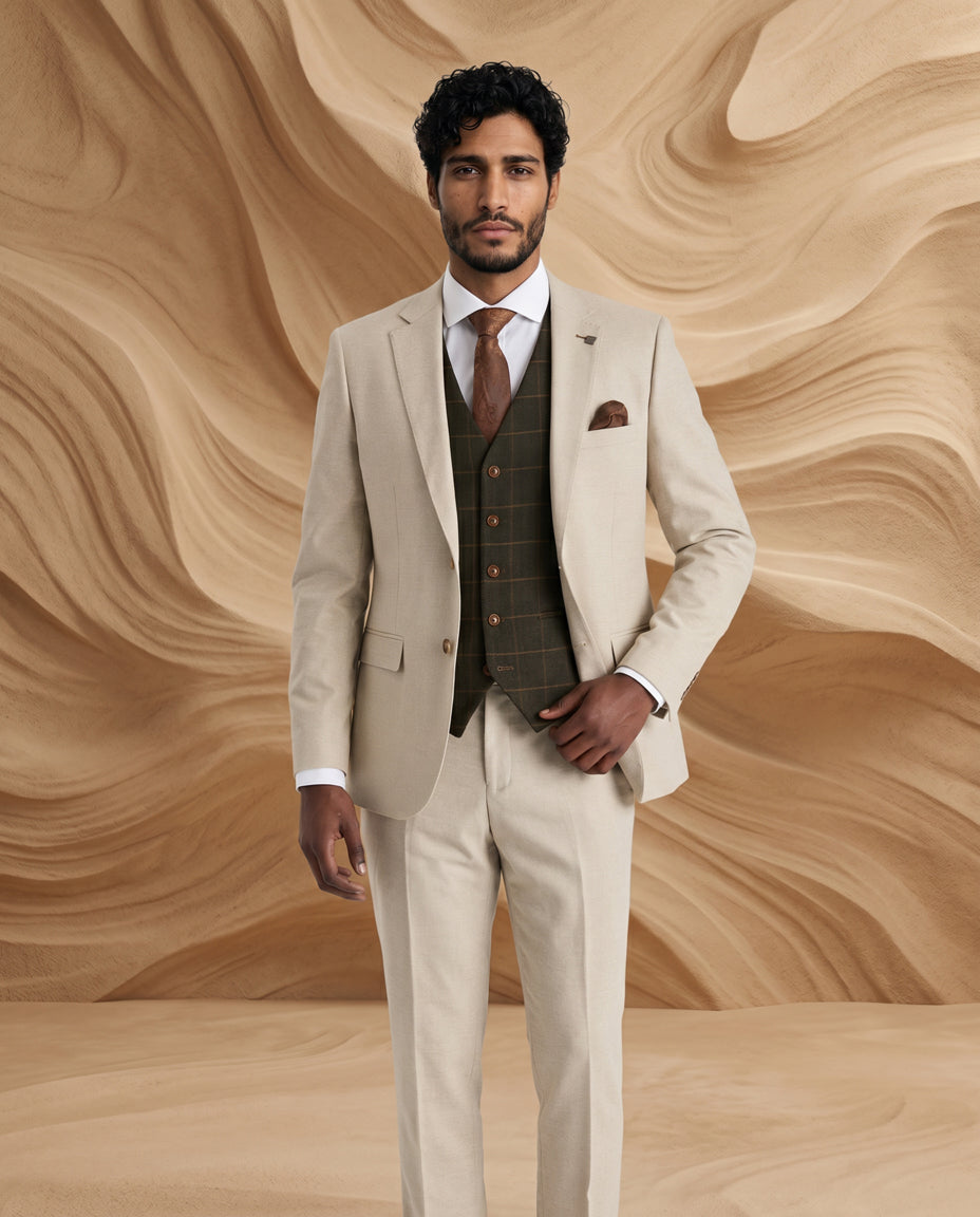 Belmont Beige Suit with Harris Green Tweed Waistcoat