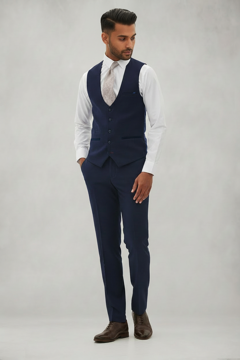 Bromley - Navy Single Breasted Check Waistcoat