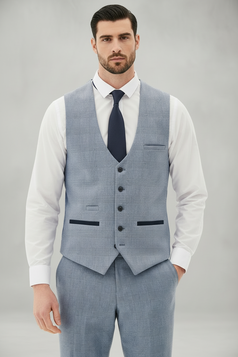 Bromley - Sky Blue Single Breasted Check Waistcoat