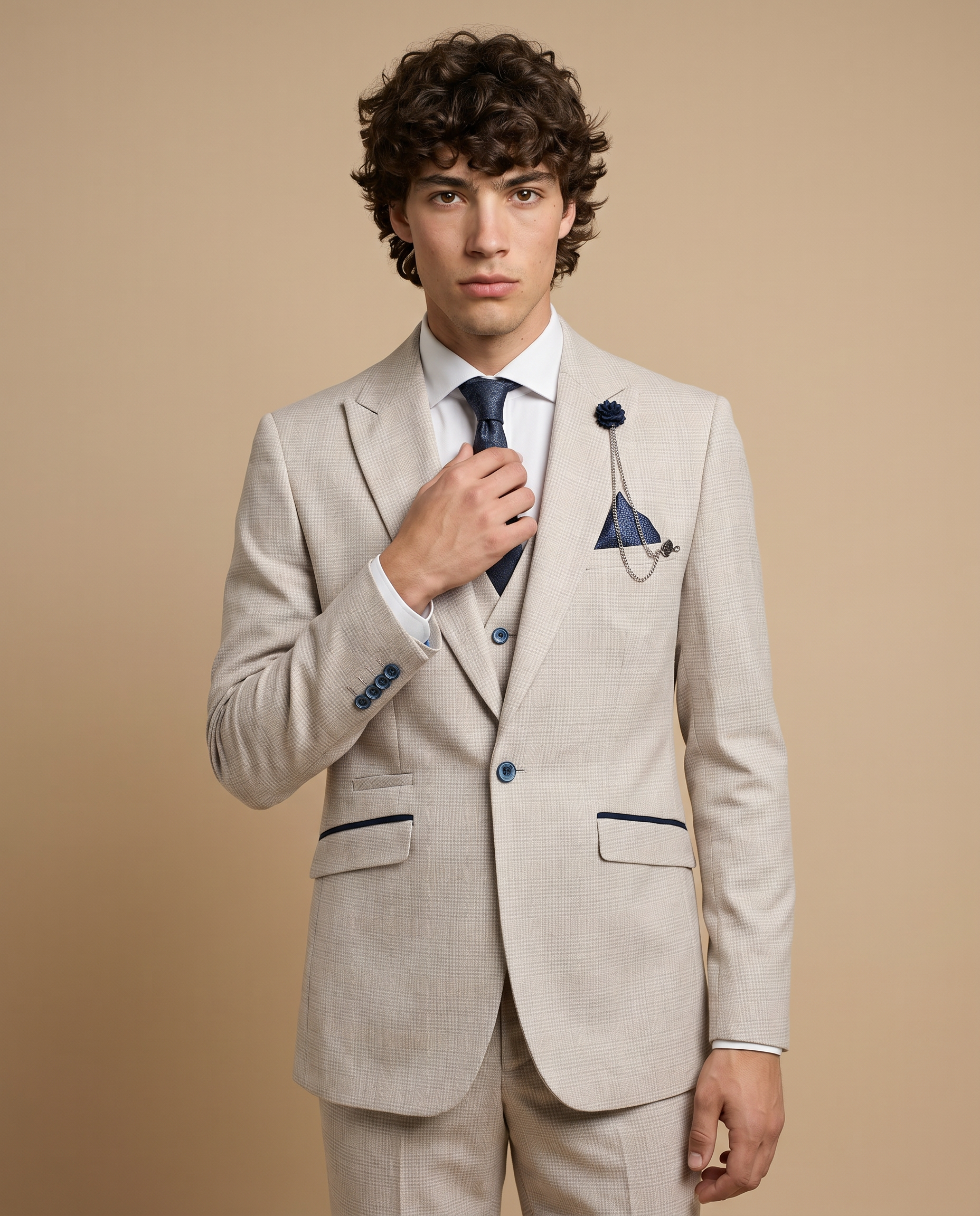 Caridi - Beige Regular Check Three Piece Prom Suit