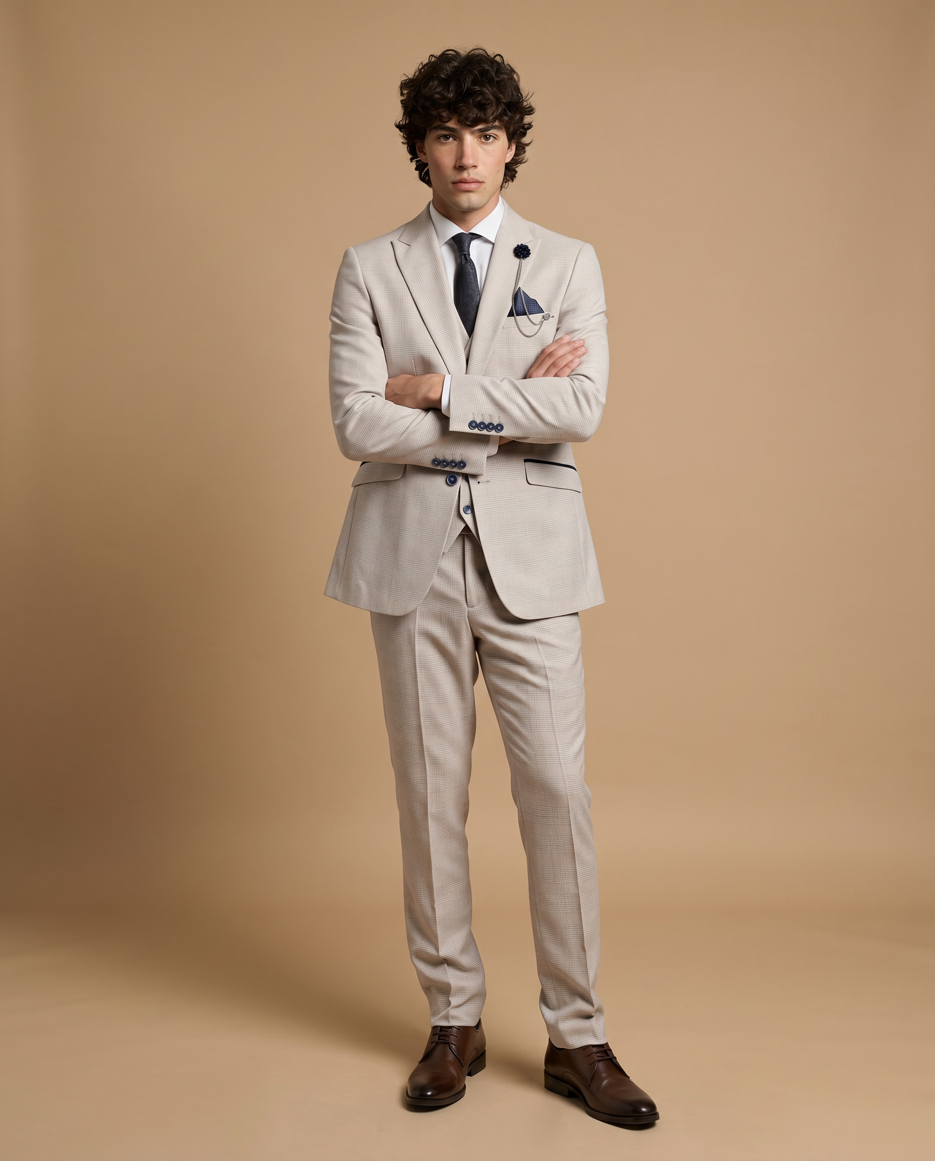 Caridi - Beige Regular Check Three Piece Prom Suit