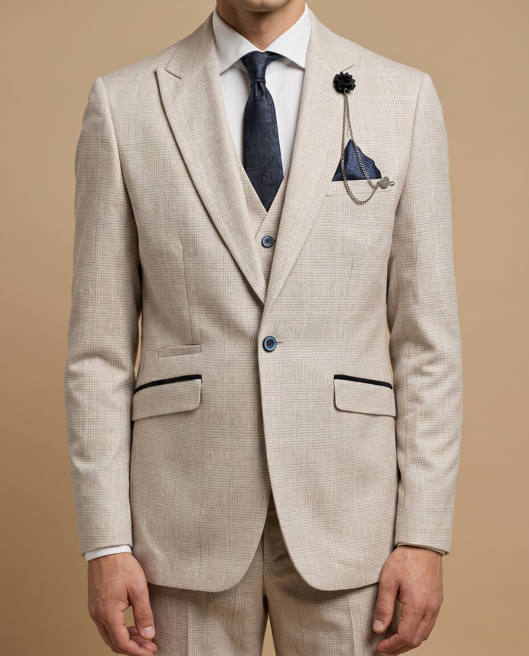 Caridi - Beige Regular Check Three Piece Prom Suit