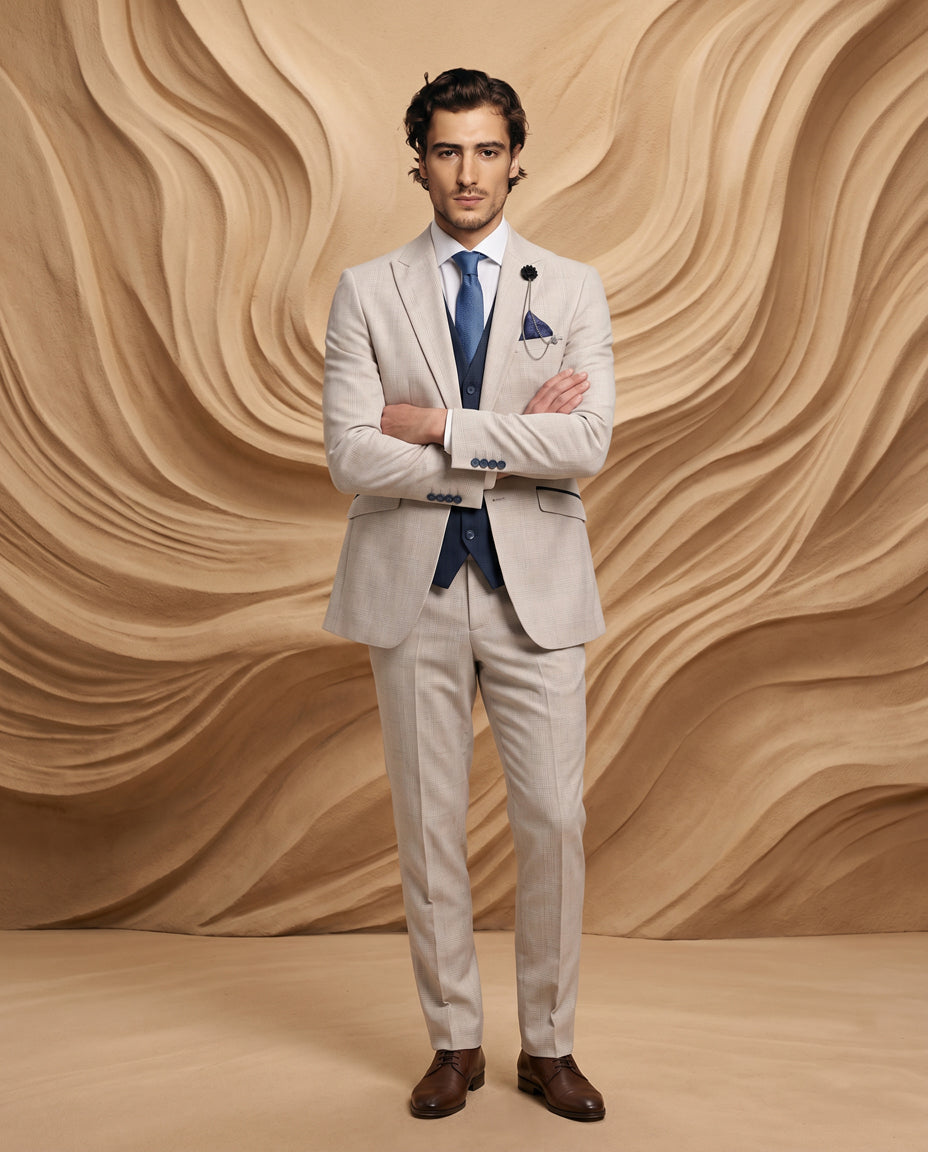 Caridi - Beige With Lennox Navy Double Breasted Waistcoat