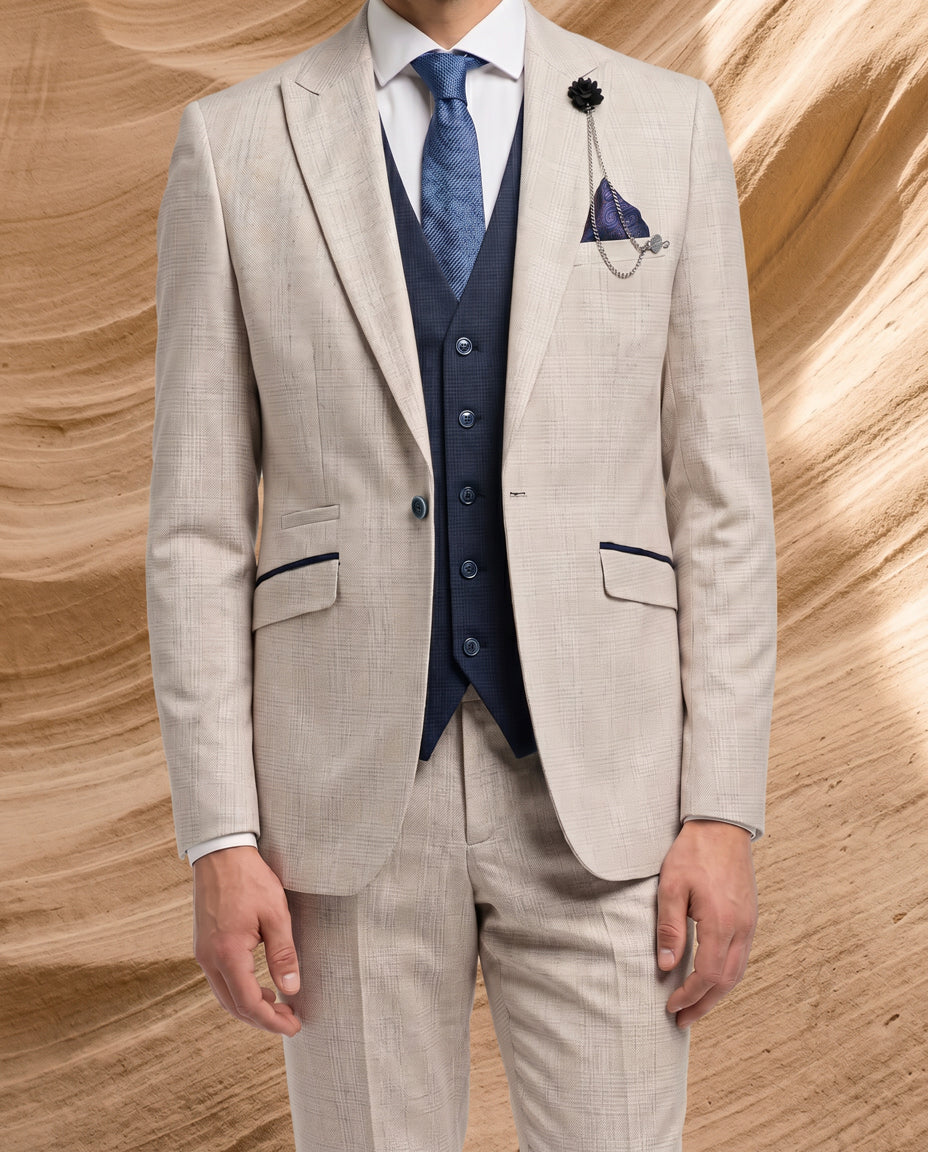 Caridi - Beige With Lennox Navy Double Breasted Waistcoat