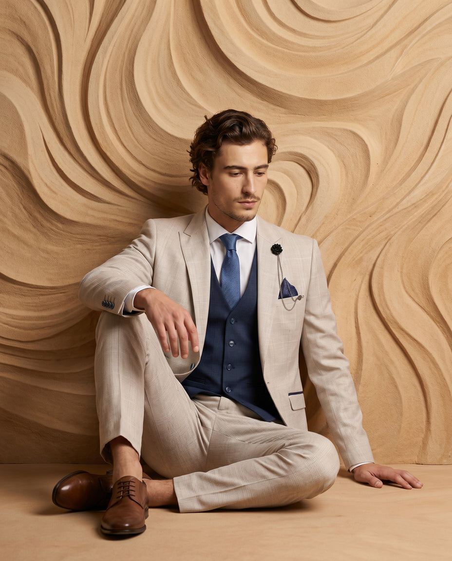 Caridi - Beige With Lennox Navy Double Breasted Waistcoat
