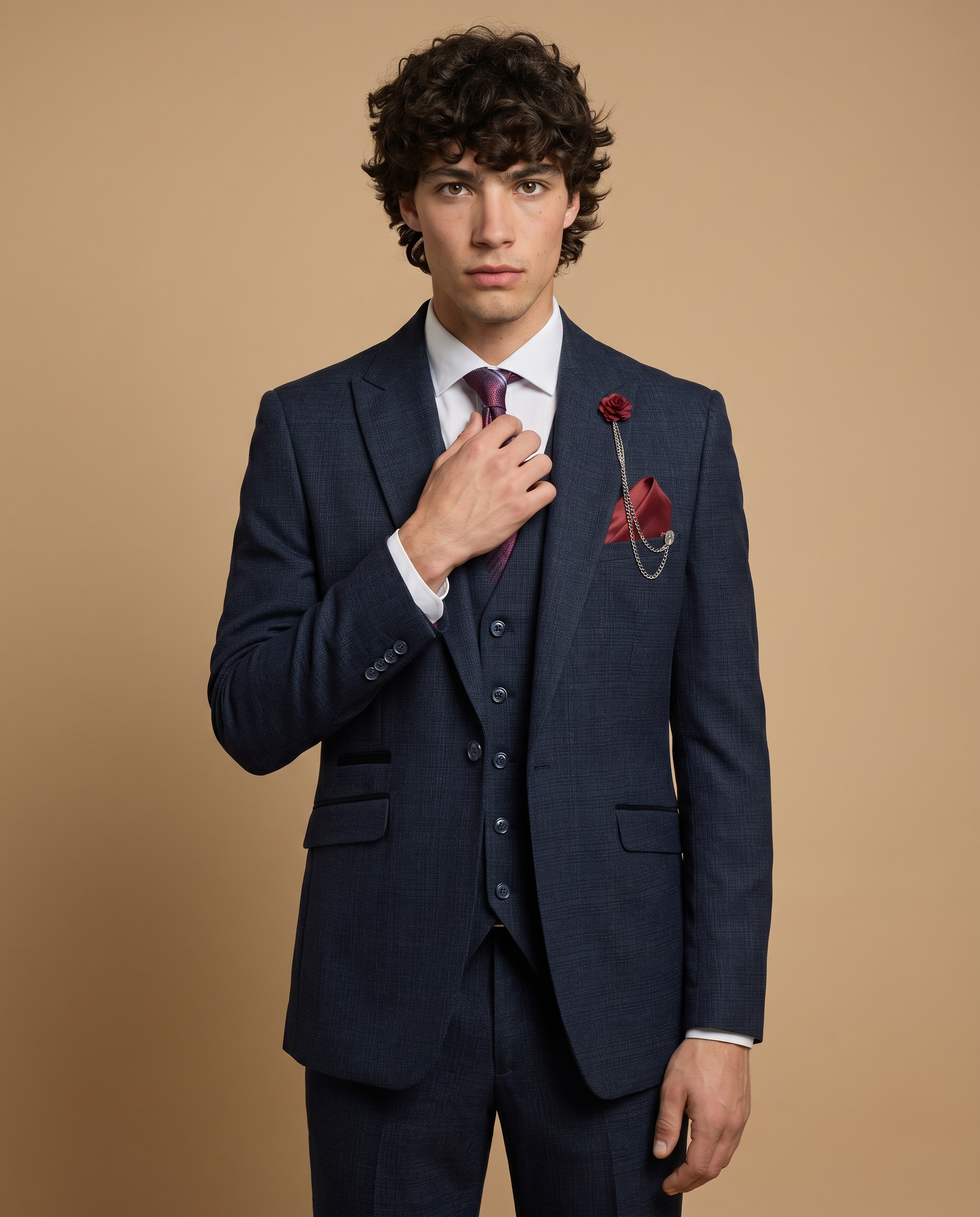 Caridi - Navy Regular Check Three Piece Prom Suit