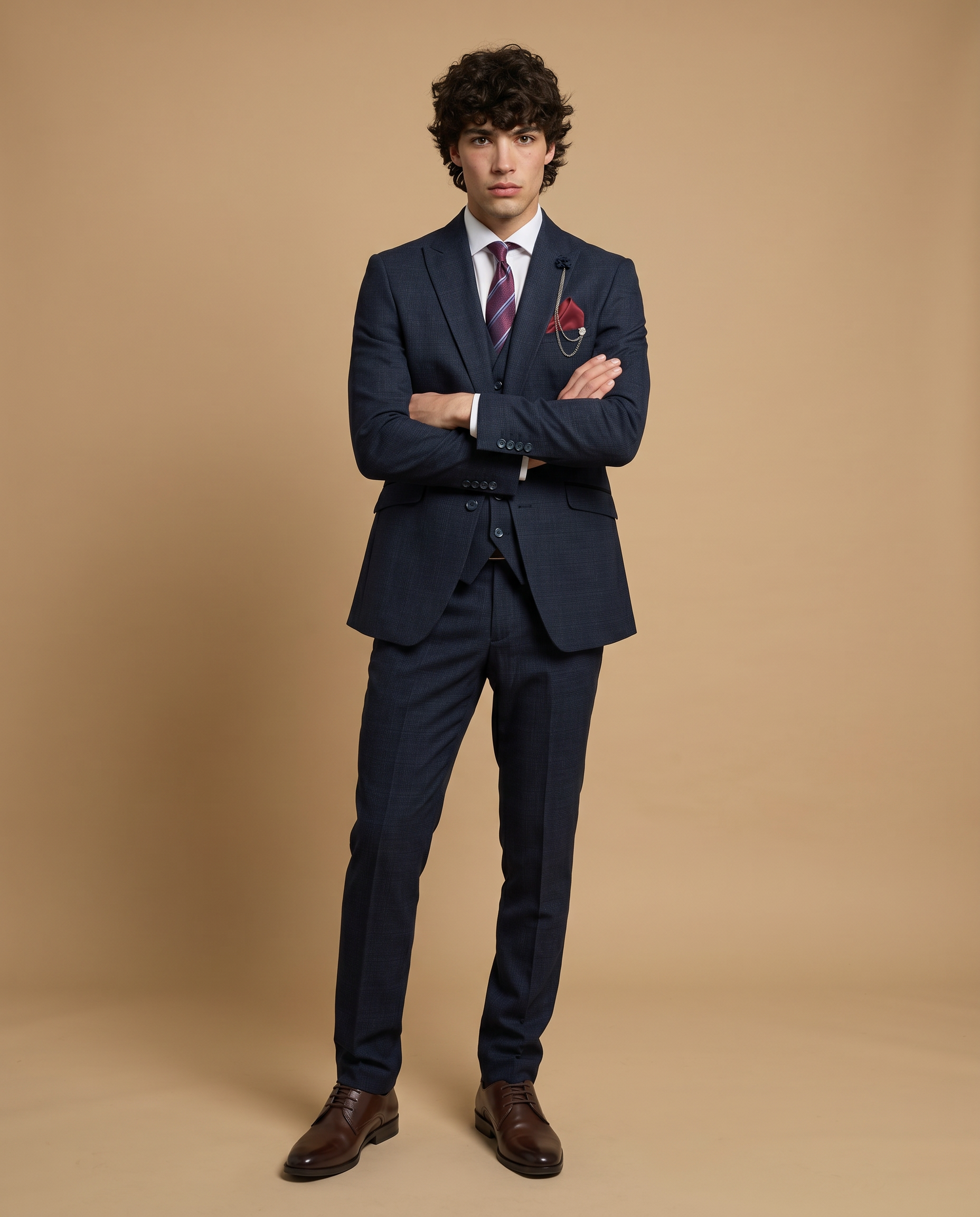 Caridi - Navy Regular Check Three Piece Prom Suit