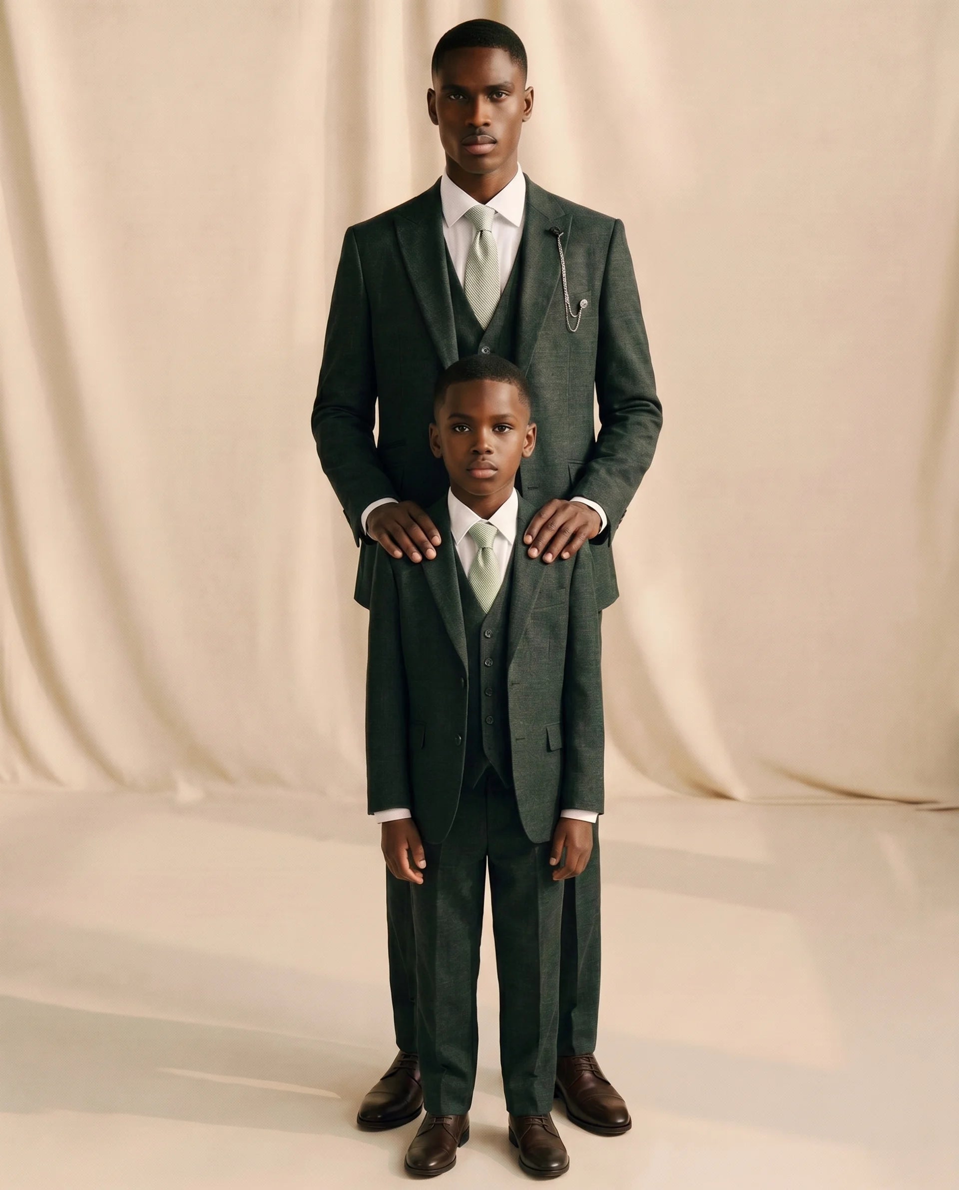 Father & Son - Caridi Olive Regular Check Three Piece Suit