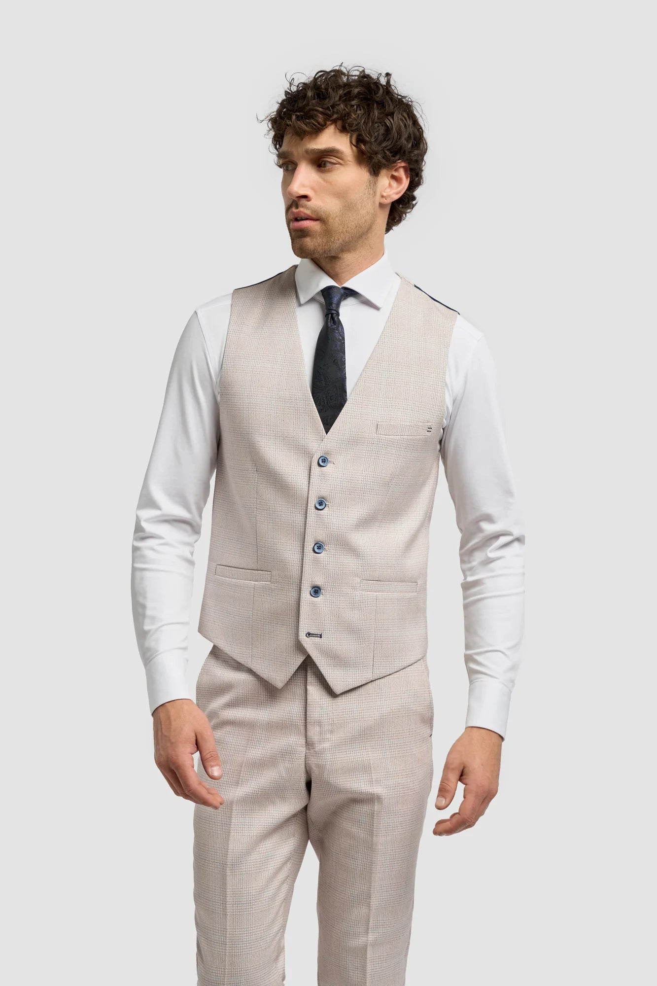 Caridi - Beige Regular Check Three Piece Suit