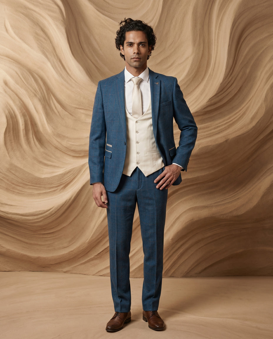 DION - Blue Tweed Check Suit With Kelvin Cream Waistcoat