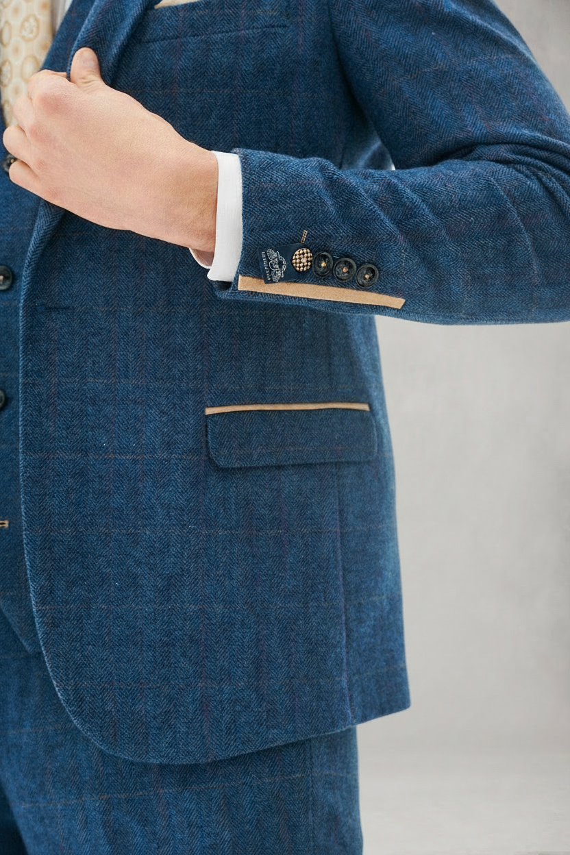 Dion - Blue Tweed Check Three Piece Suit
