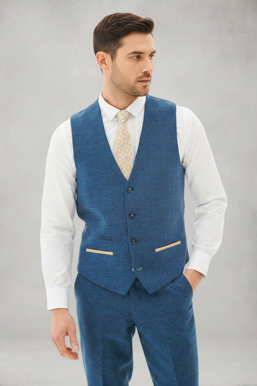 Dion - Blue Tweed Check Three Piece Suit