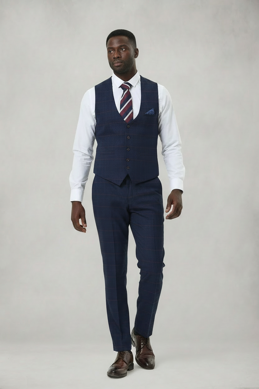 Edinson - Navy Wine Check Single Breasted Waistcoat