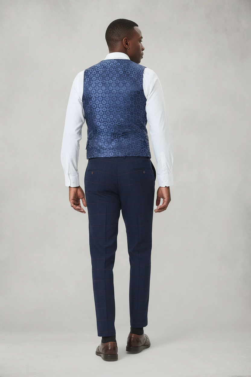 Edinson - Navy Wine Check Single Breasted Waistcoat
