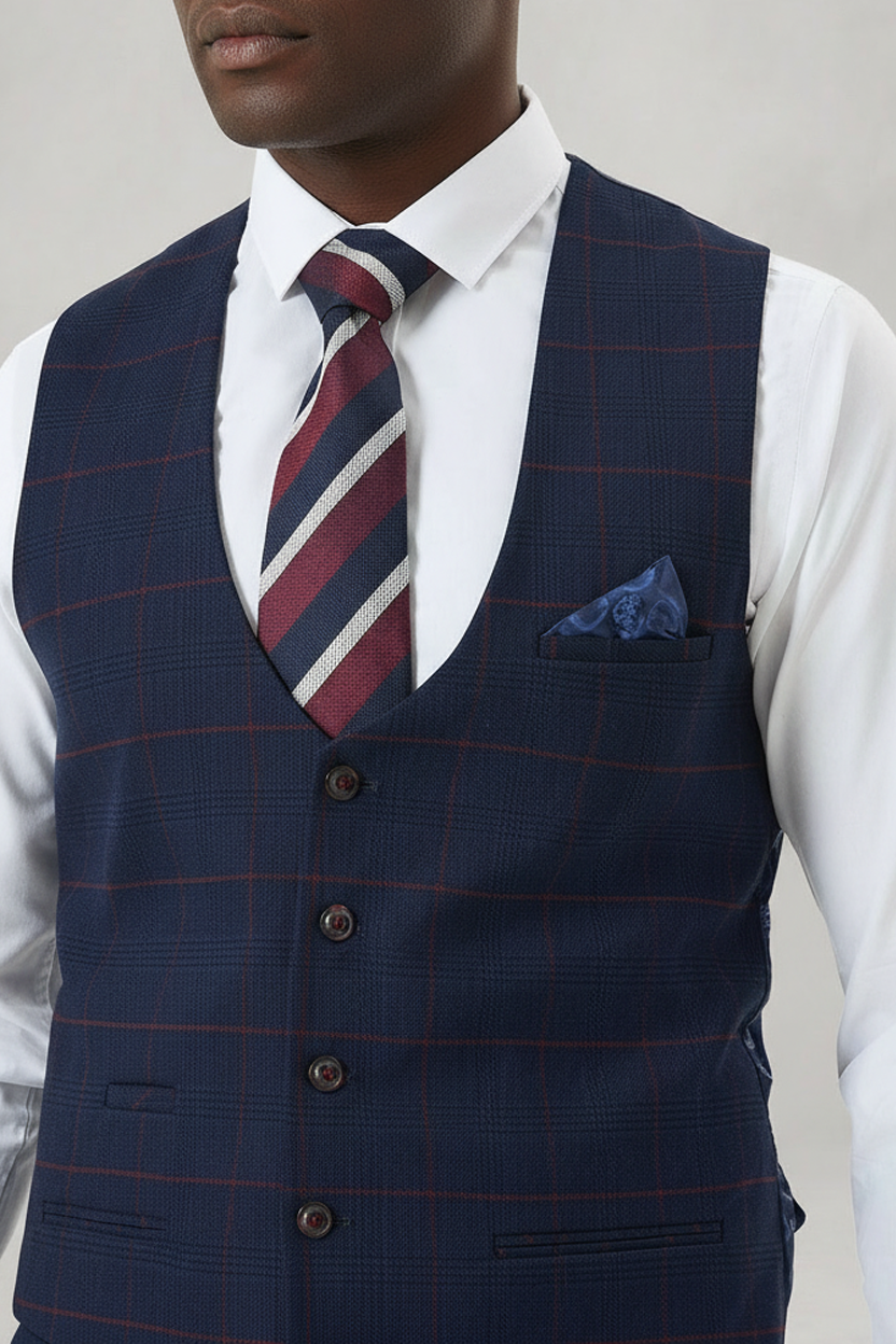 Edinson - Navy Wine Check Single Breasted Waistcoat