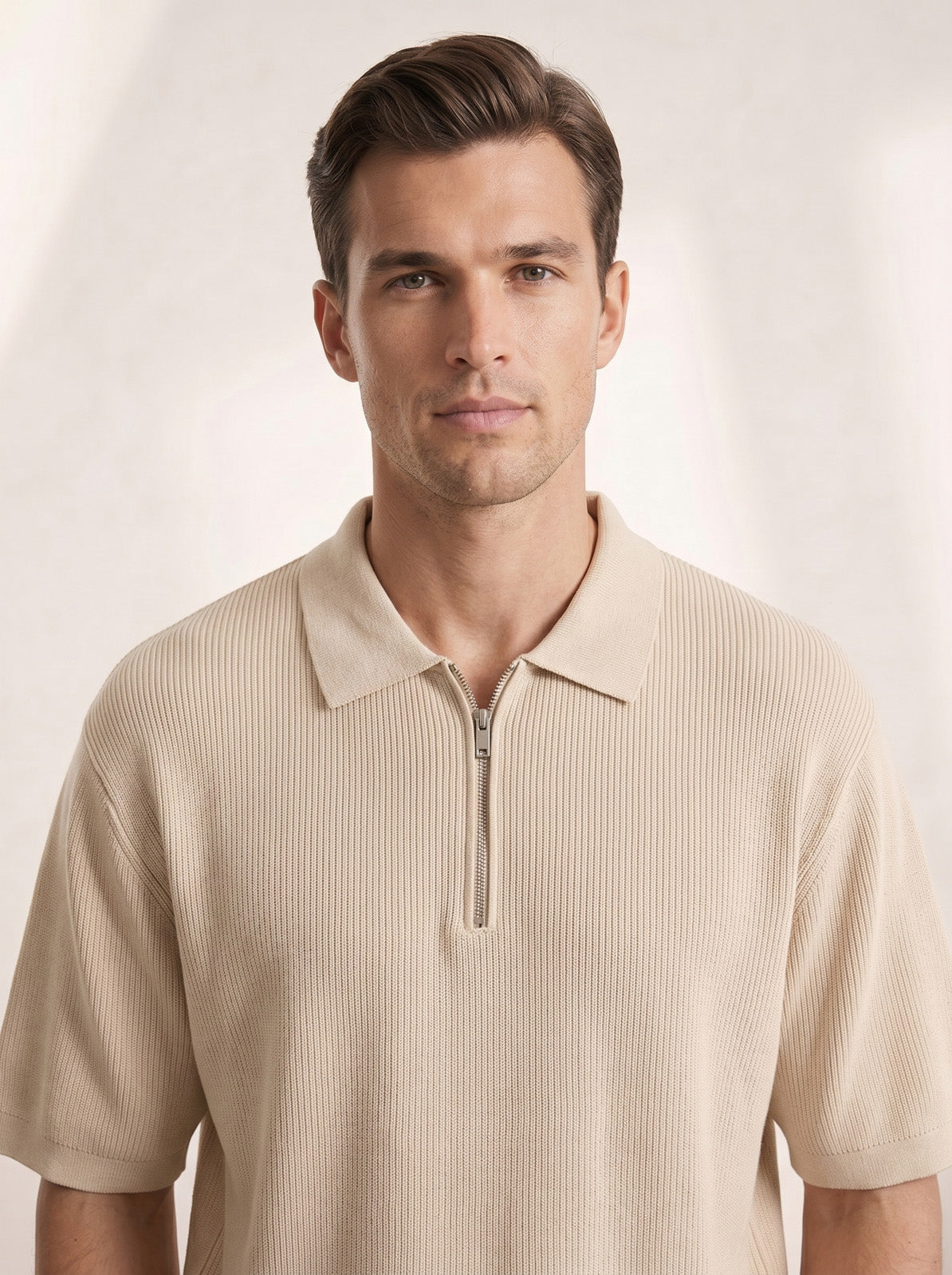 Esquire Textured Zip Polo – Sand Beige