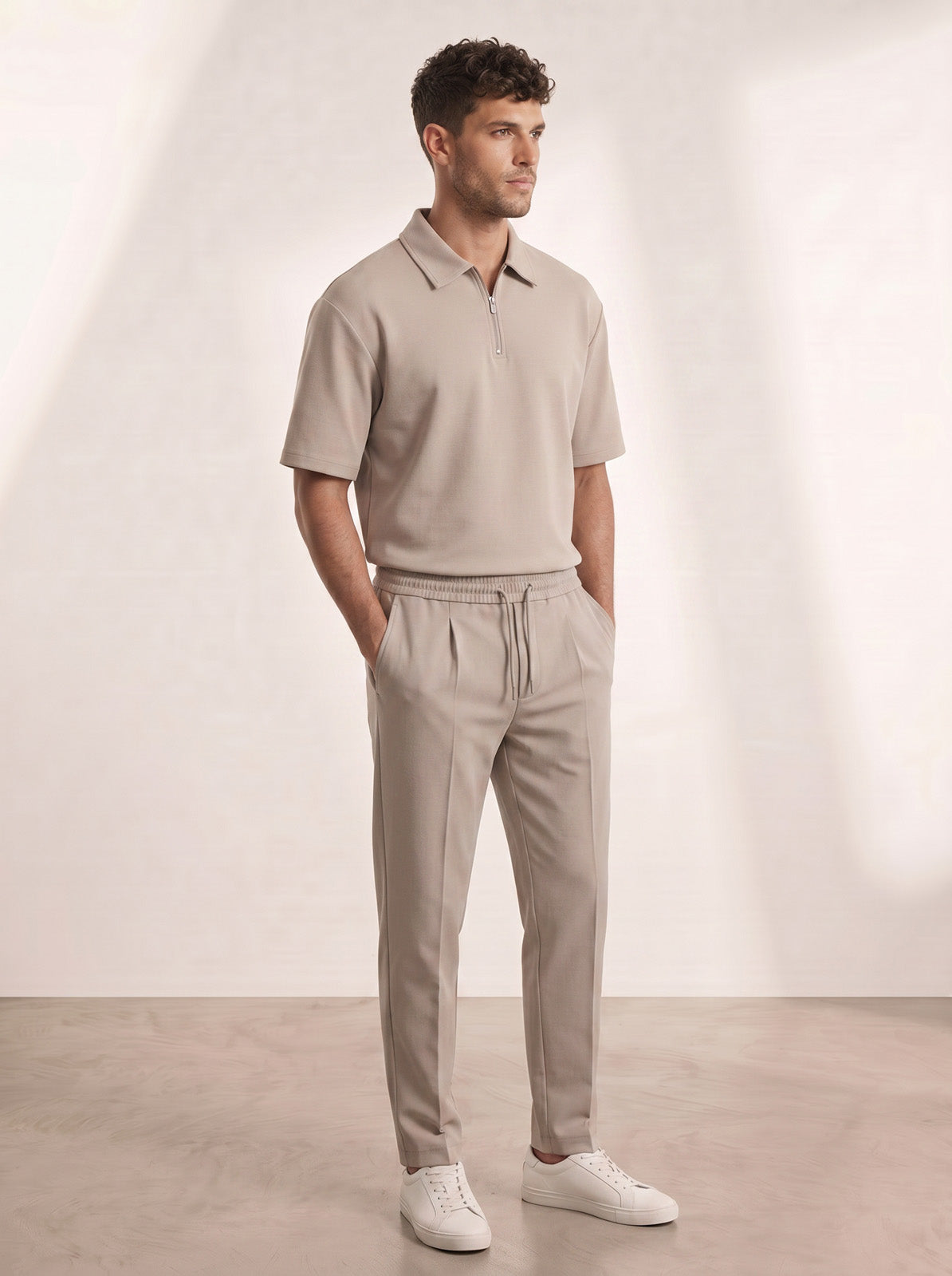 Esquires Quarter Zip Polo and Trousers set - Beige