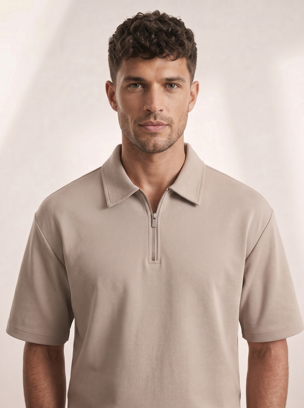 Esquires Quarter Zip Polo and Trousers set - Beige