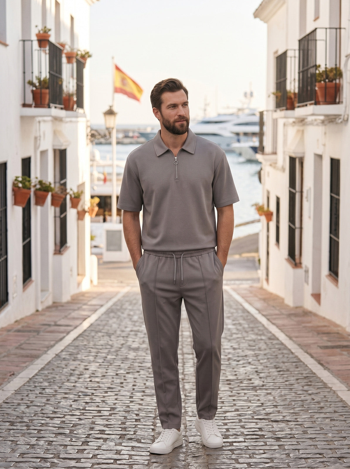 Esquires Quarter Zip Polo and Trousers set - Brown